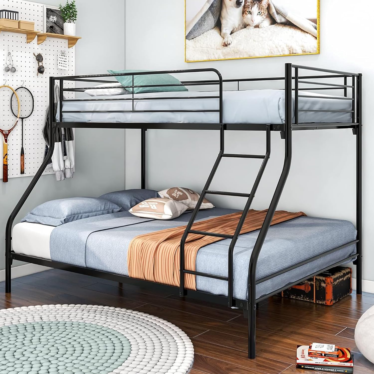 LostCat Twin Over Full Metal Bunk Bed,Heavy Duty Bunk Beds Frame w/Enhanced Upper-Level Guardrail and Ladders Suitable for Kids/Teen/Adults,No Box Spring Needed,Easy Assembly,Black