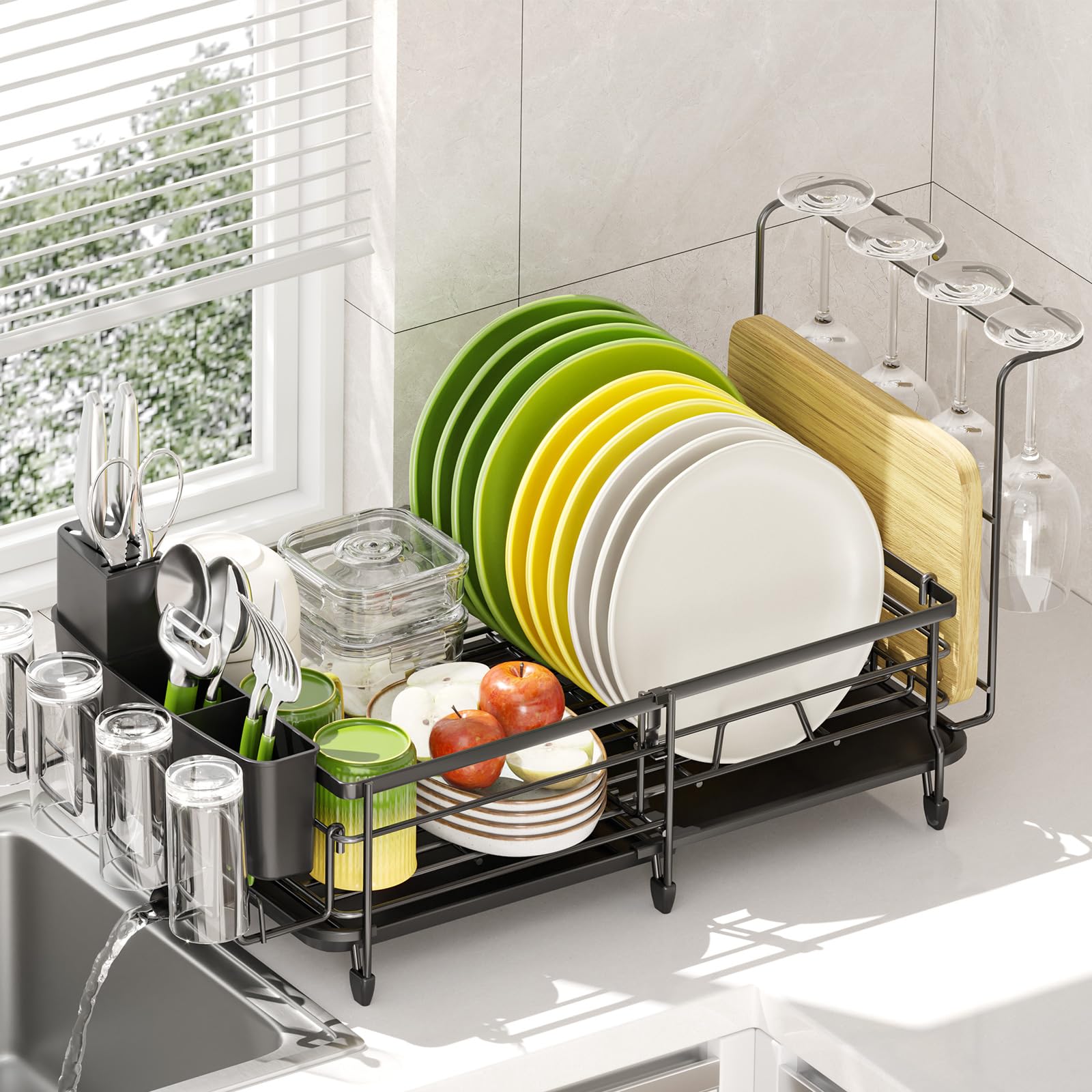 Urackify Expandable Dish Drying Rack for Kitchen Counter, Large Adjustable Dish Rack with Wine Glass and Cutlery Holder, Anti-Rust Dish Drainer with Swivel Drainage Spout