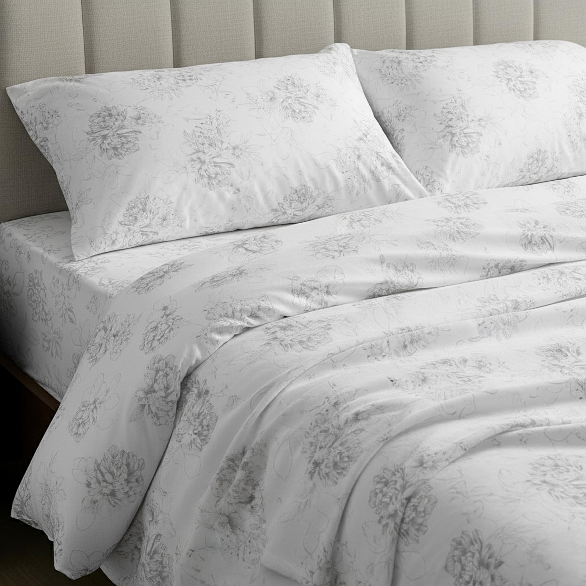 Mellanni Flannel Bed Sheet Set - 4 Piece Luxury 100% Heavyweight 180GSM Cotton - Cozy, Soft & Breathable - Deep Pockets with All-Around Elastic - Warm & Comfortable (Queen, Floral Feathers)