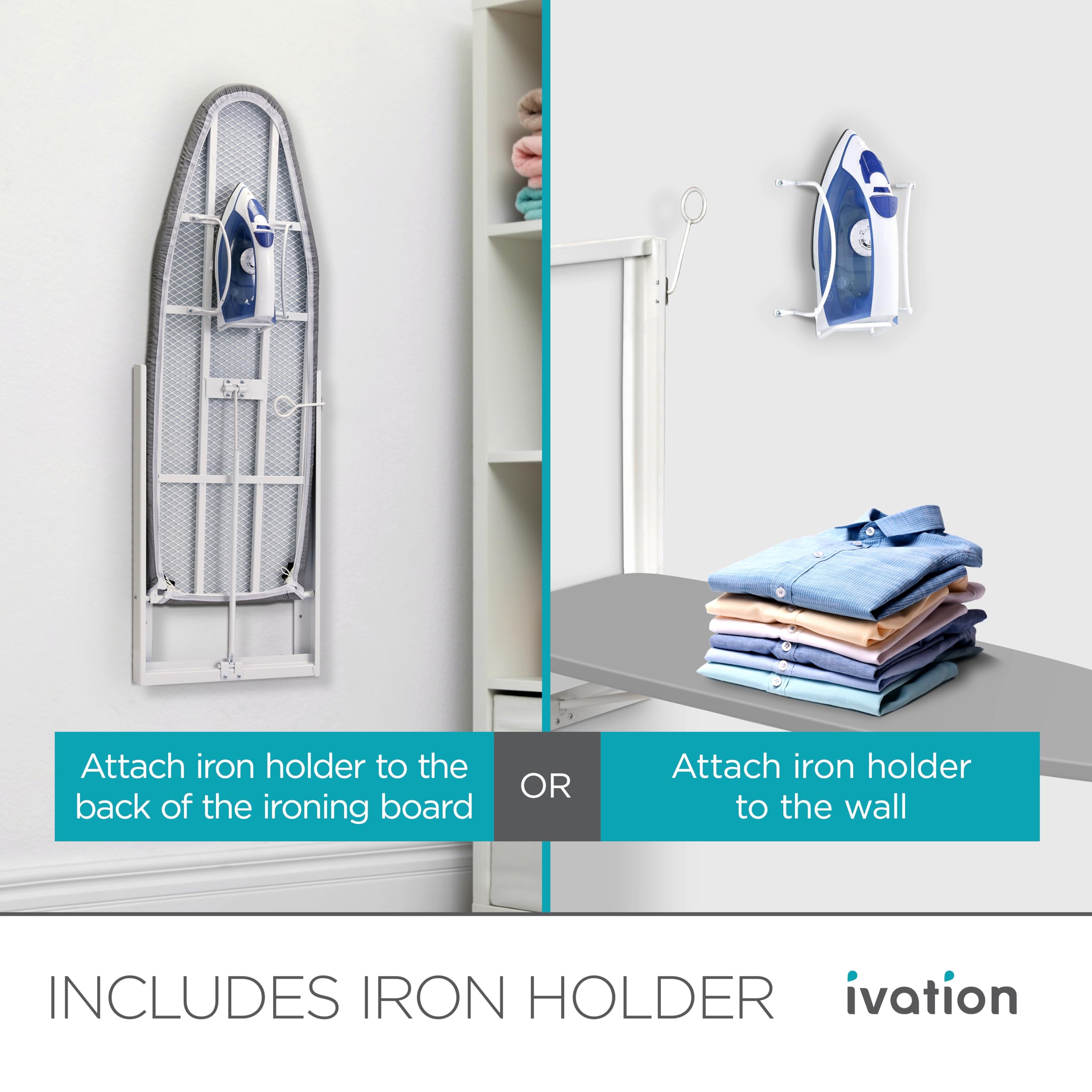 Ivation Wall-Mounted Ironing Board | Foldable 36.2” x 12.2” Sturdy Ironing Station for Home & Apartments, Easy-Release Lever, Removable Cotton Cover, Includes Mounting Hardware with Iron Holder