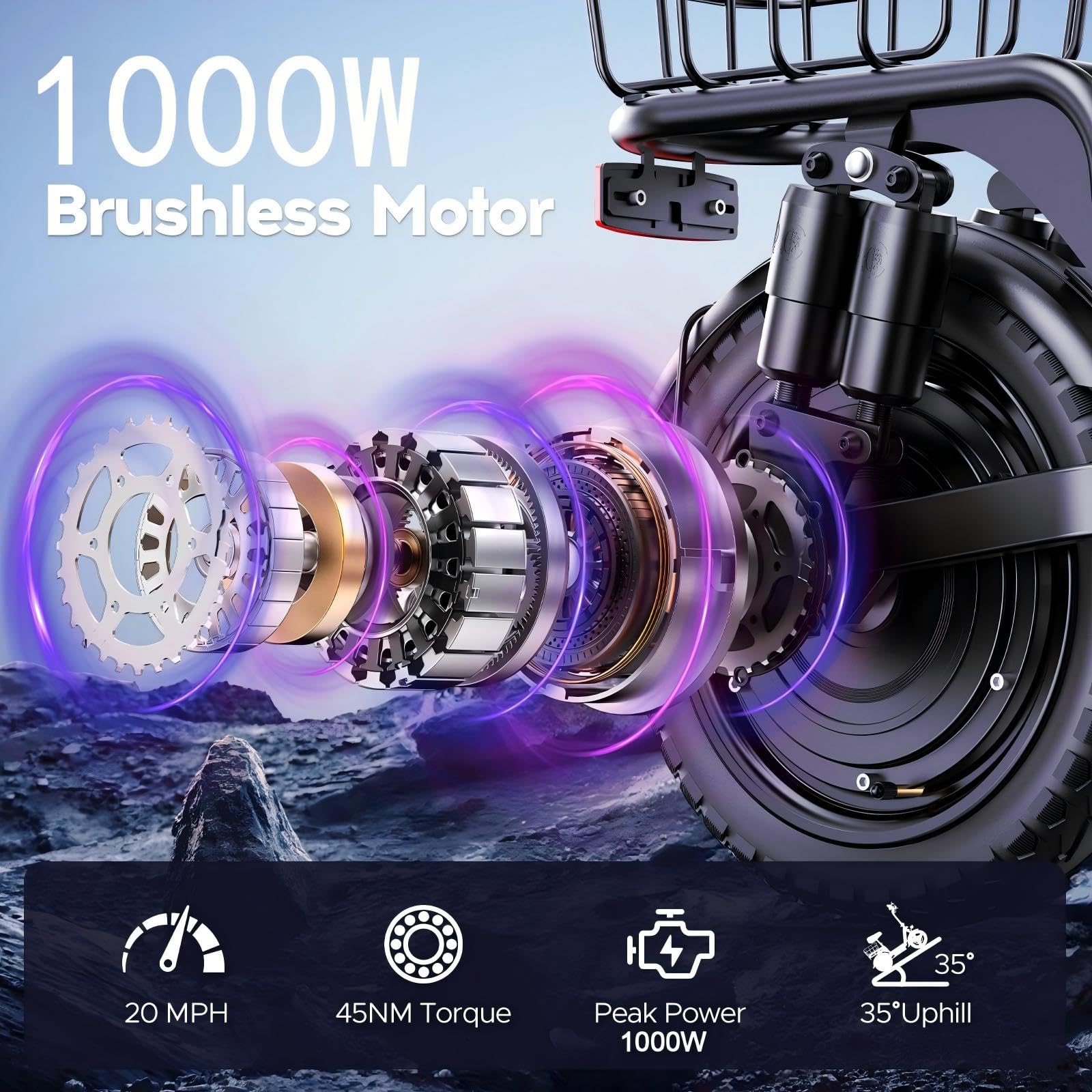 Electric Scooter with Seat for Adults,1000W Peak Power, 35-Mile Range, 20MPH, 14" Tires, Foldable Commuter E-Scooter with Basket for Pets Dogs and Items, 330lbs Max Load
