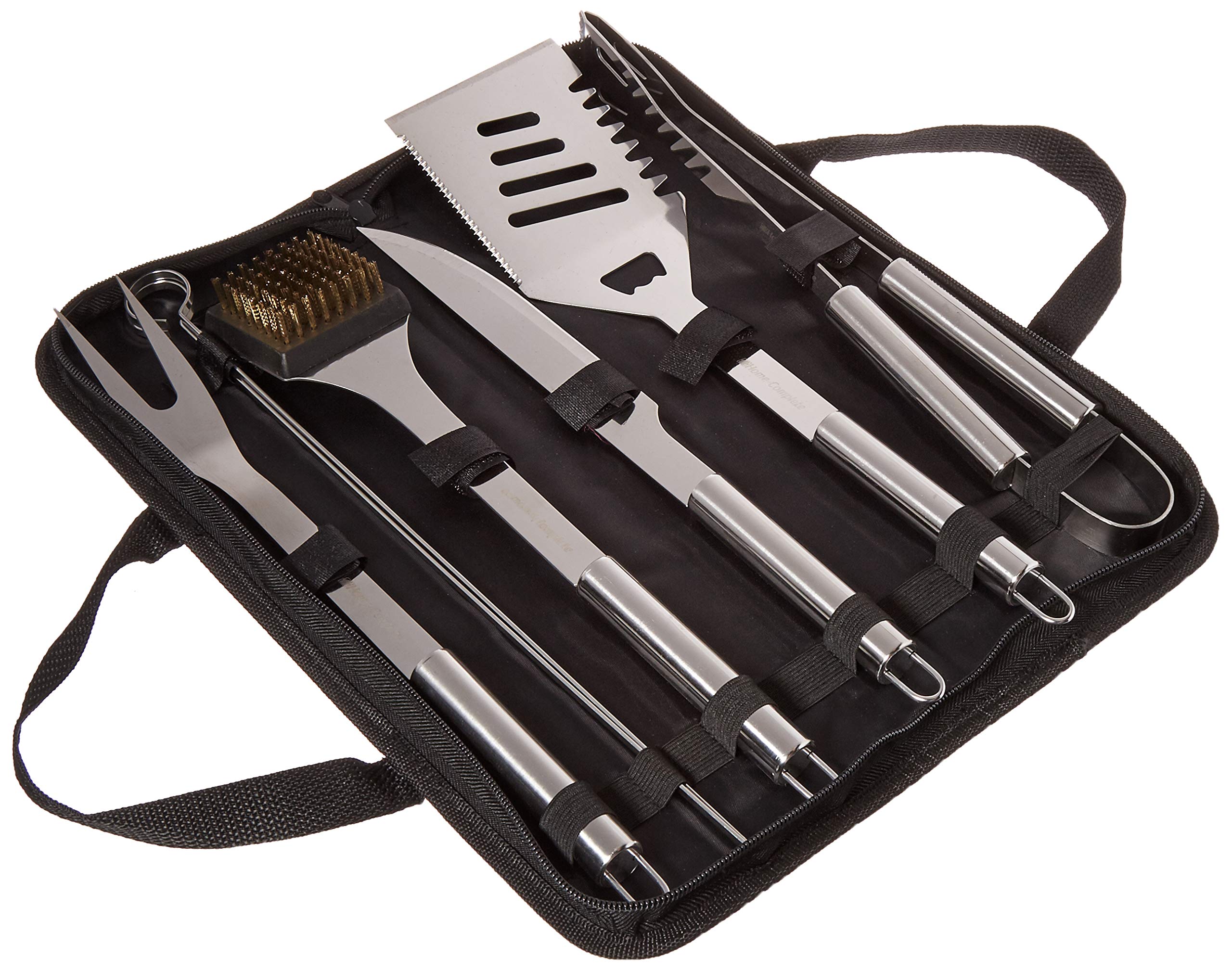 Home-Complete HC-1004 7 Grill Tool Kit-Stainless Steel BBQ Accessories Kitchen Set with Spatula, Tongs, Fork, Knife, Brush, Skewers, and Case, 8-Piece Travel, Silver