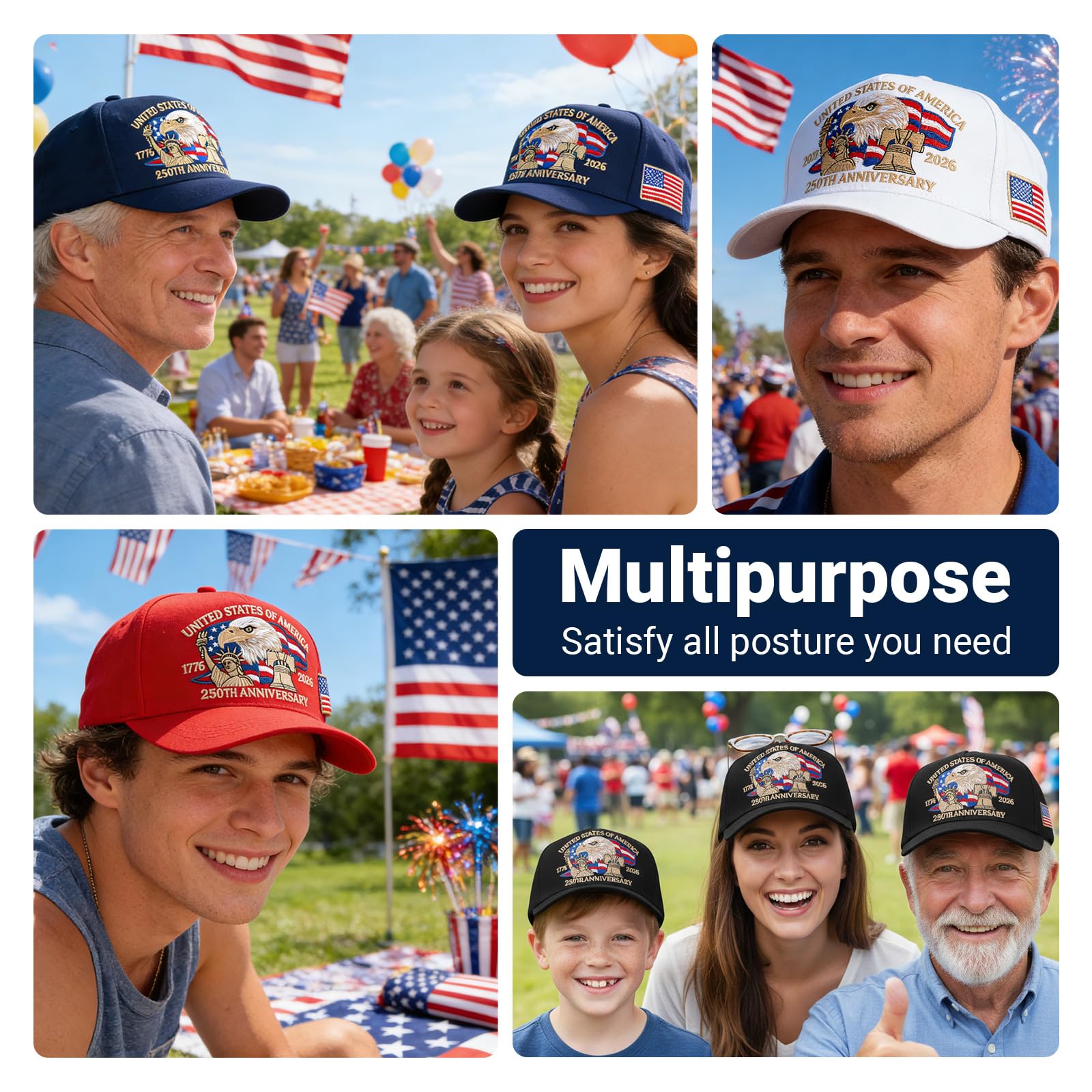 250 Anniversary USA Hat - Retro Embroidered 250th Anniversary Patriotic Adjustable Baseball Cap for Men and Women (B)