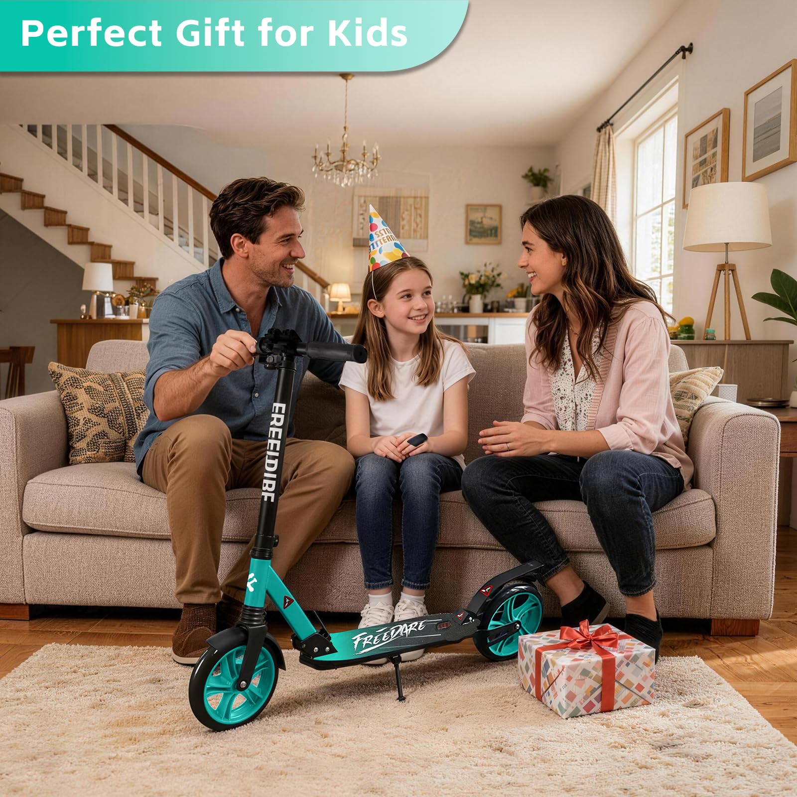 FREEDARE Kick Scooter for Kids & Adults Ages 8+, Foldable Teen Scooter with 2 Big 8-inch Wheels and 4-Level Adjustable Handlebar, Max Load 220 LBS, Green