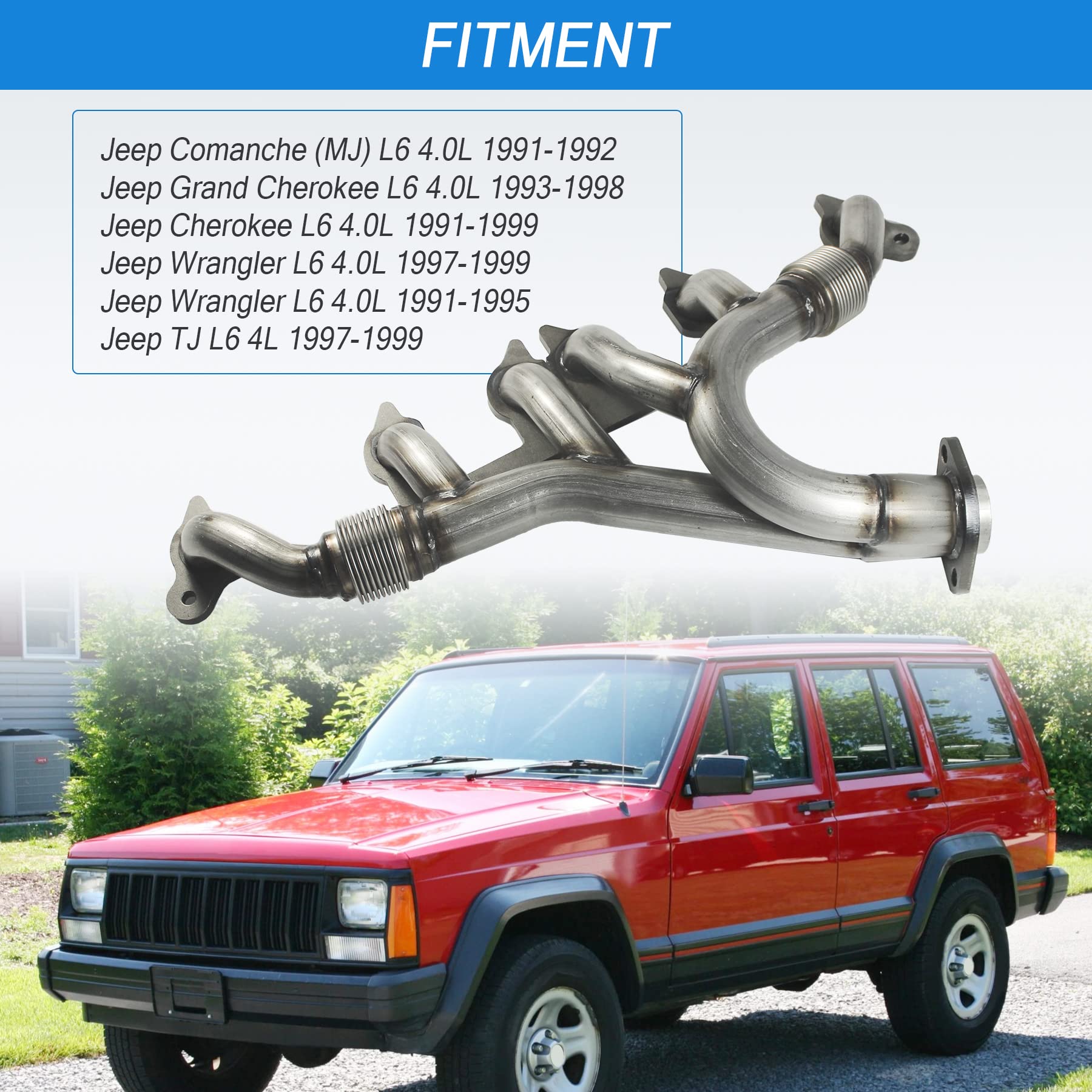 JDMSPEED New Stainless Steel Exhaust Manifold & Gasket Kit Replacement for Grand Cherokee Wrangler 4.0L Replacement for Jeeps Select 1991-1999 (4.0L Engine Only) Replaces 33007072, 4883385