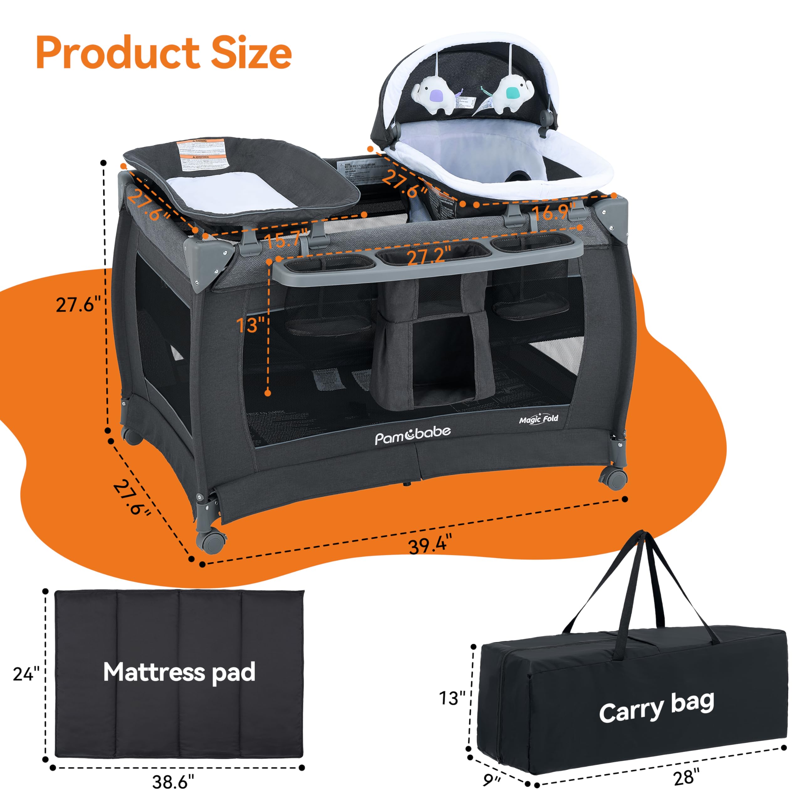 Pamo Babe Magic Fold Playpen Portable Cribs Foldable Playpen Baby Playard One-Hand Folding Playards with Sleep Nest Newborn Bassinet Diaper Changer and Storage Spaces