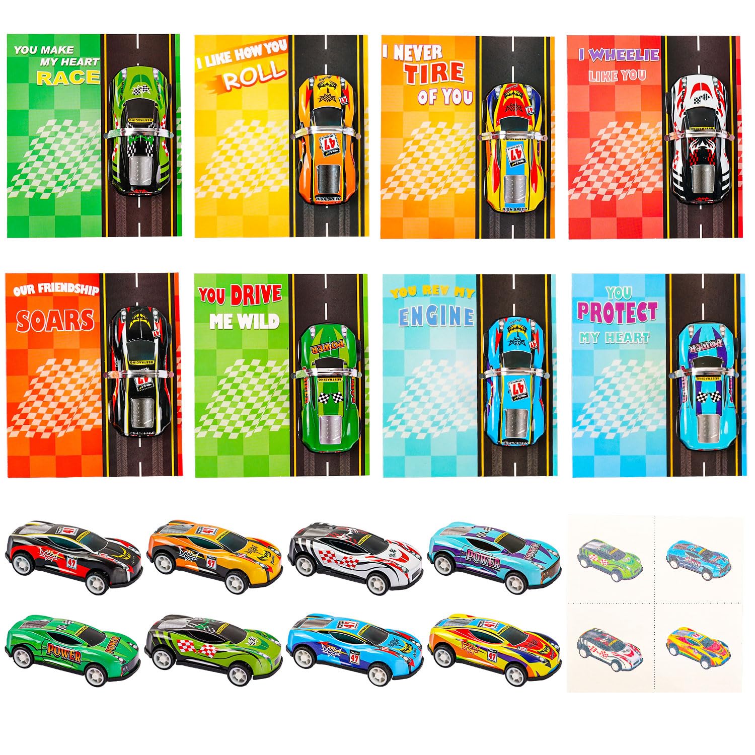 Valentines Day Cards for Kids - 32 Pack Race Cars Valentines Greeting Cards with Pull Back Cars Toys & Temporary Tattoos, Valentines Day Exchange Gift Cards for Boys Classroom School Party Supplies