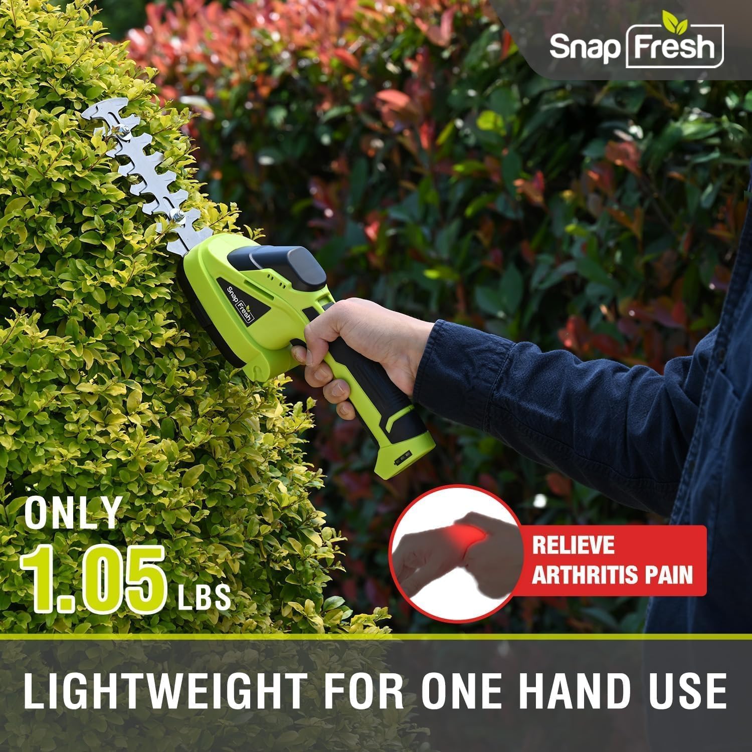SnapFresh Cordless Grass Shear Bush Trimmer, 2 in 1 Handheld Hedge Trimmer, 7.2V Electric Grass Trimmers, Lightweight Shrubbery Trimmers Battery & Charger Included, Shrub Trimmer for Garden(Green)