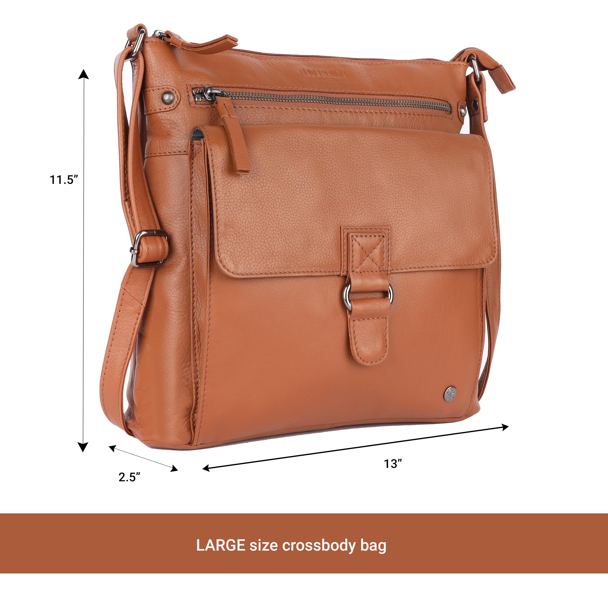 LEDERBUCK Shirley Large Soft Real Leather Crossbody handbag-Triple Zip Premium Sling Crossover Shoulder Bag for Women (Cognac)