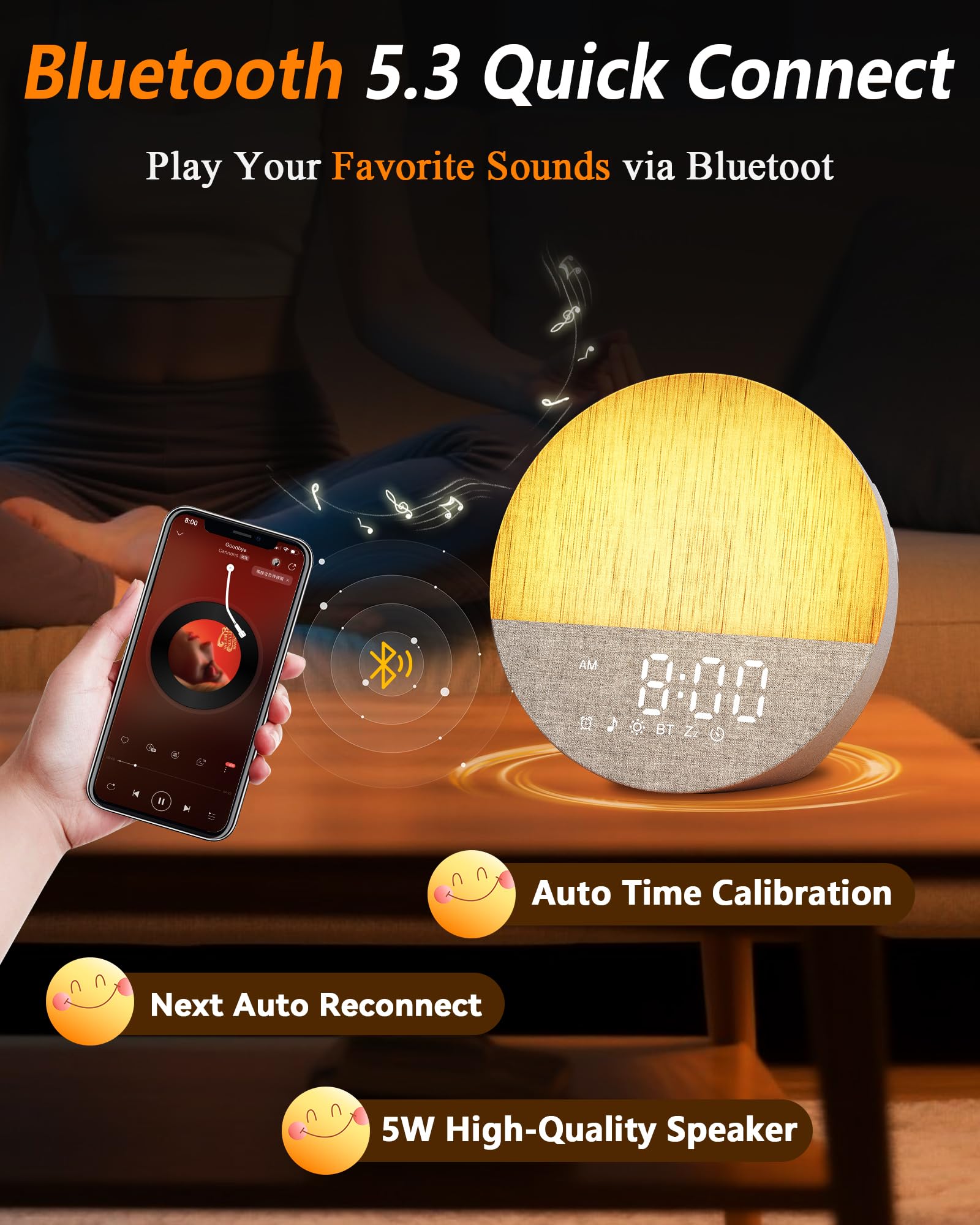 Sunrise Alarm Clock with Sound Machine: Gentle Gradual Wake Up Light for Heavy Sleepers Relieve Anxiety Dimmable Clock with Bluetooth Memory for Bedroom - White Noise Machine with 30 Sleep Sounds
