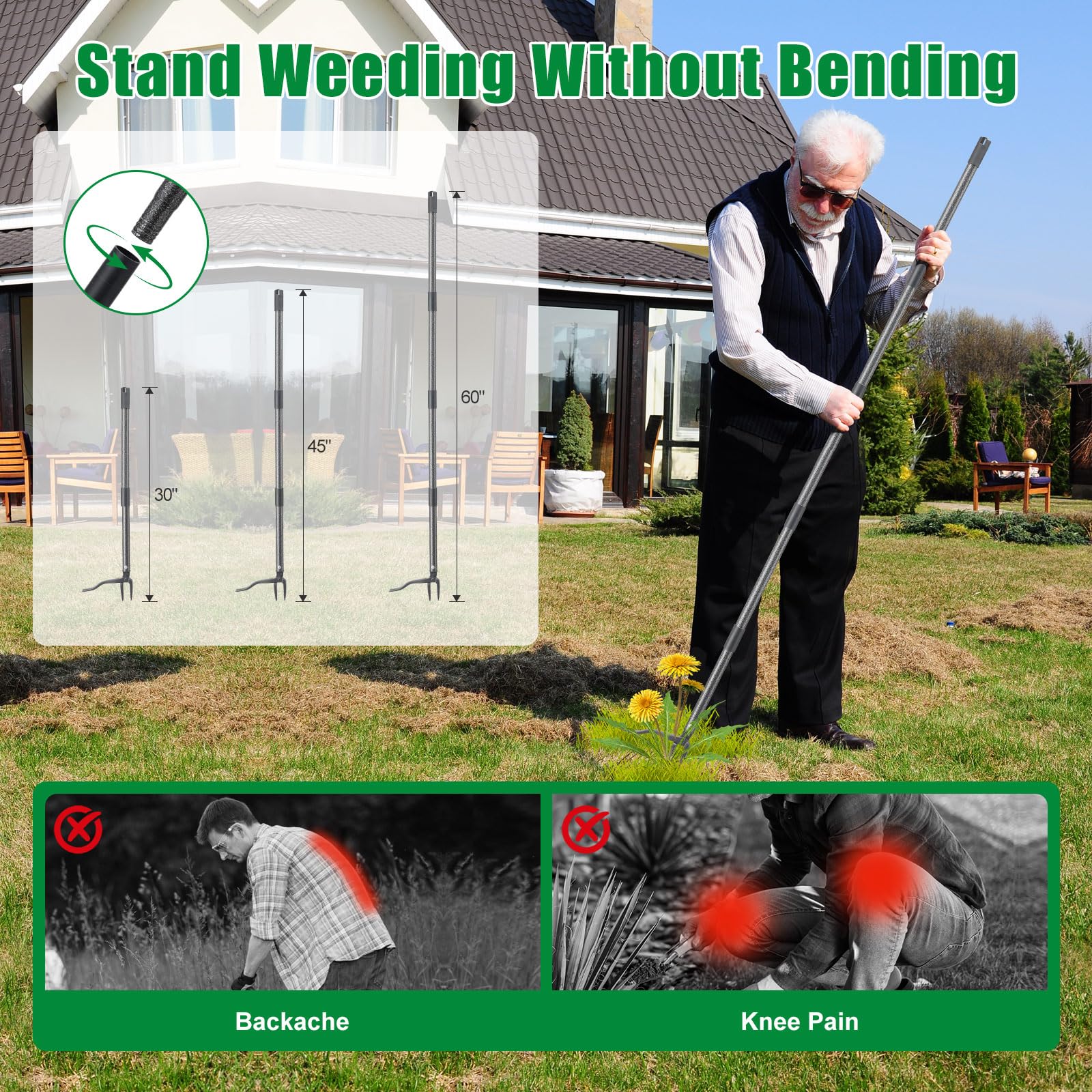 Weed Puller Tool, Stand Up Manual Weeder, Heavy Duty Garden Weeding Tool with 60 inch Long Handle,4 Claw Steel Head, Uprooting Dandelion Removal Gardening Tools for Lawn Grass Grabber