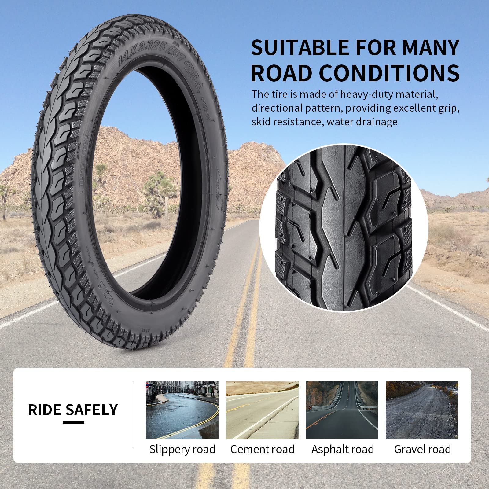 Heavy-Duty 14 x 2.125 57-254 Tire and Tube Set with Angled Valve Stem 14 Inch Electric Scooter Tire Tube for Replacement Electric Scooters and E-Bike Tires 1 Set