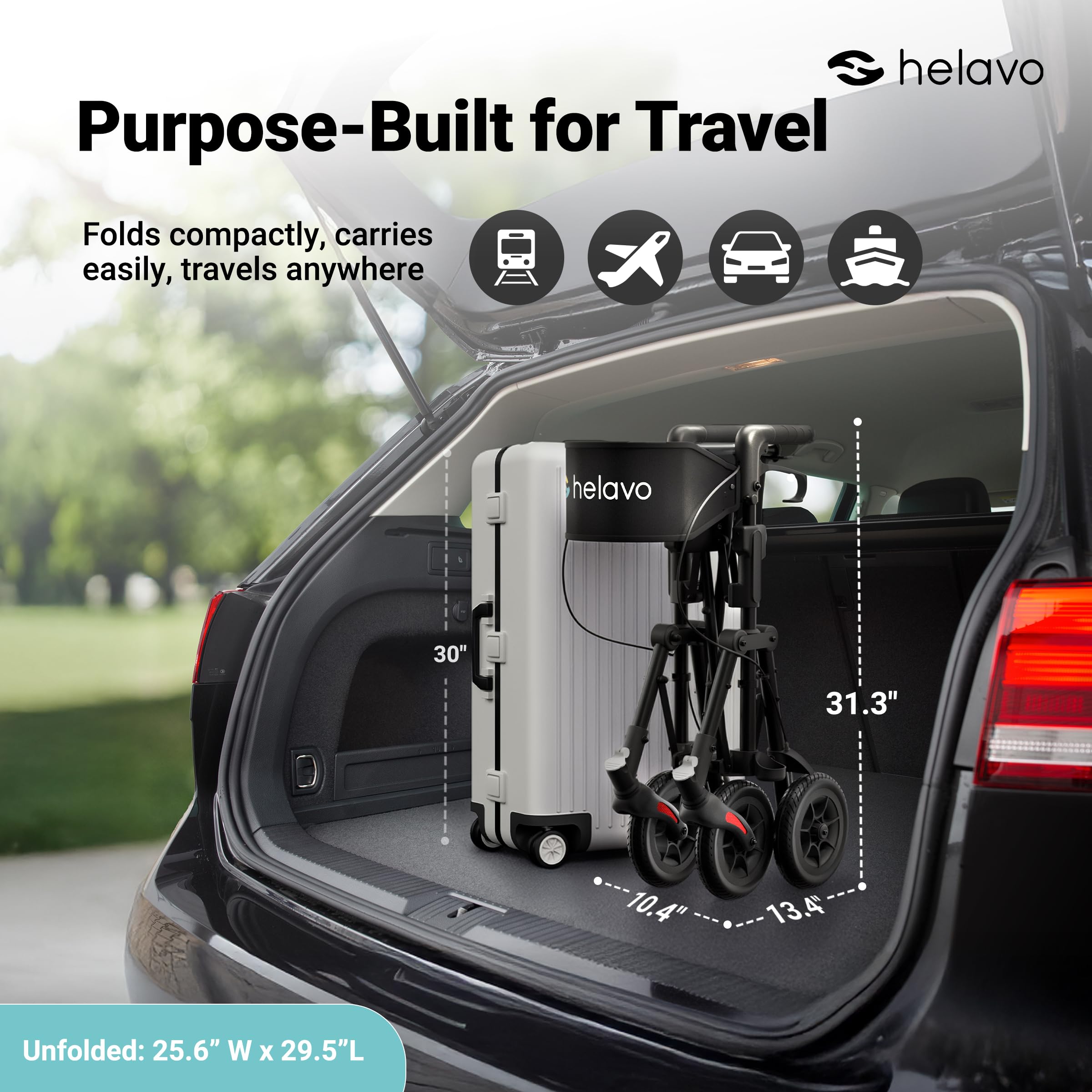 Helavo Ultra-Compact Walker for Seniors with Seat, Fully Assembled Double Folding Rollator, Travel Walker with 8" Rubber Wheels and Height Adjustable Handles