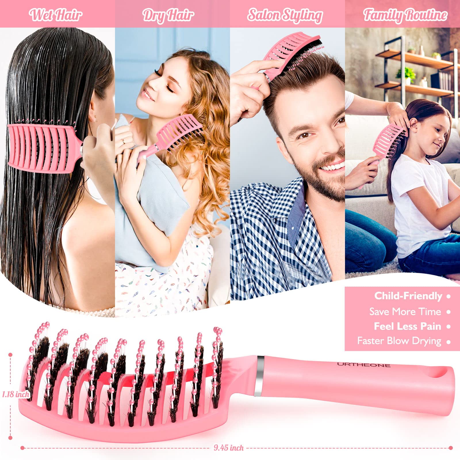 Hair Brush,URTHEONE Detangling Hairbrush Boar Bristle Curved Vented Hair Brush for Women Men Kids Curly Thick Long Short Wet or Dry Hair, Faster Blow Drying(2Pack, Black&Pink)
