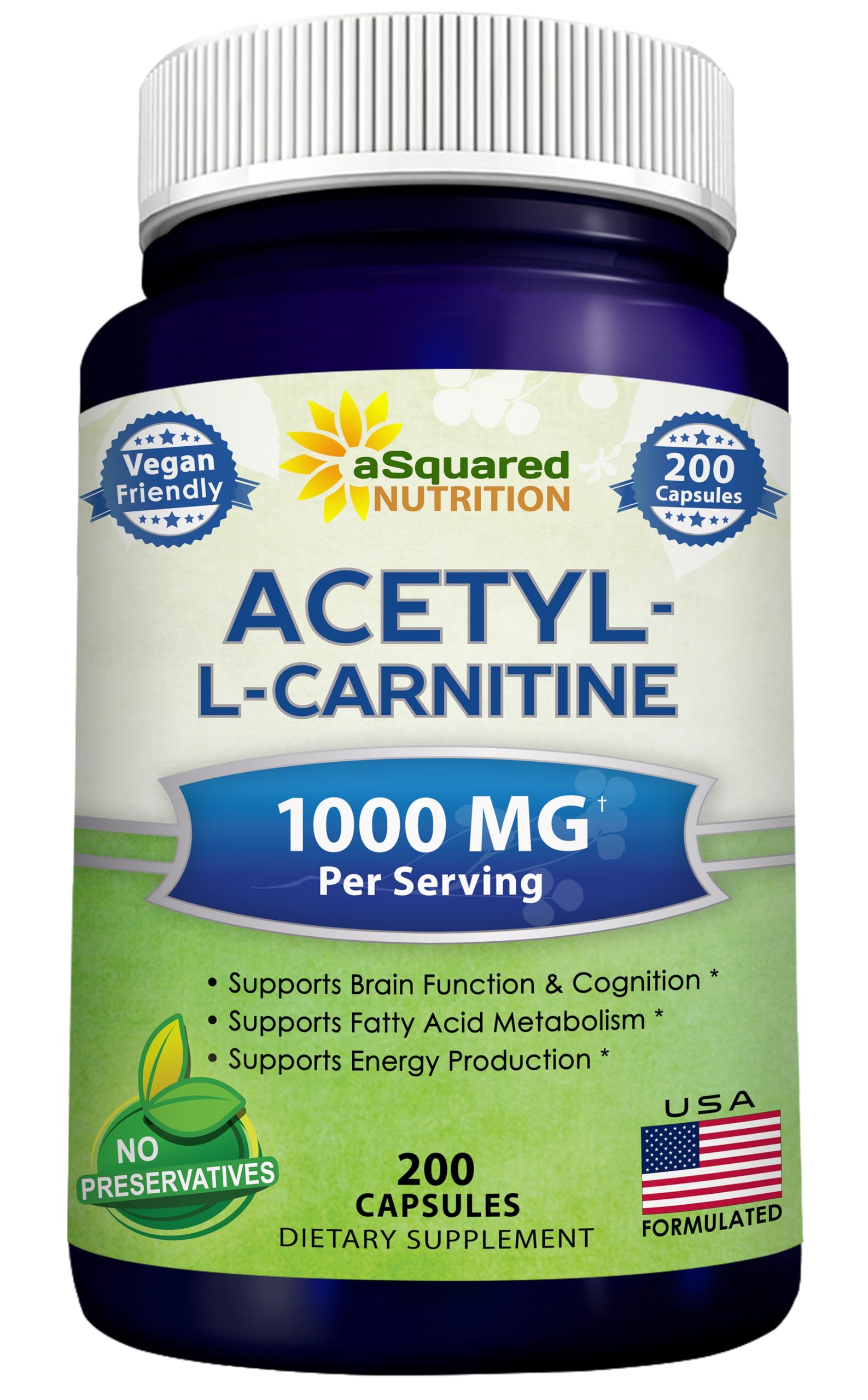 aSquared Nutrition Acetyl L-Carnitine 1000mg Max Strength - 200 Veggie Capsules - High Dosage Acetyl L Carnitine HCL (ALCAR) Supplement Pills to Support Pure Energy, Brain Function & Fatty Acid