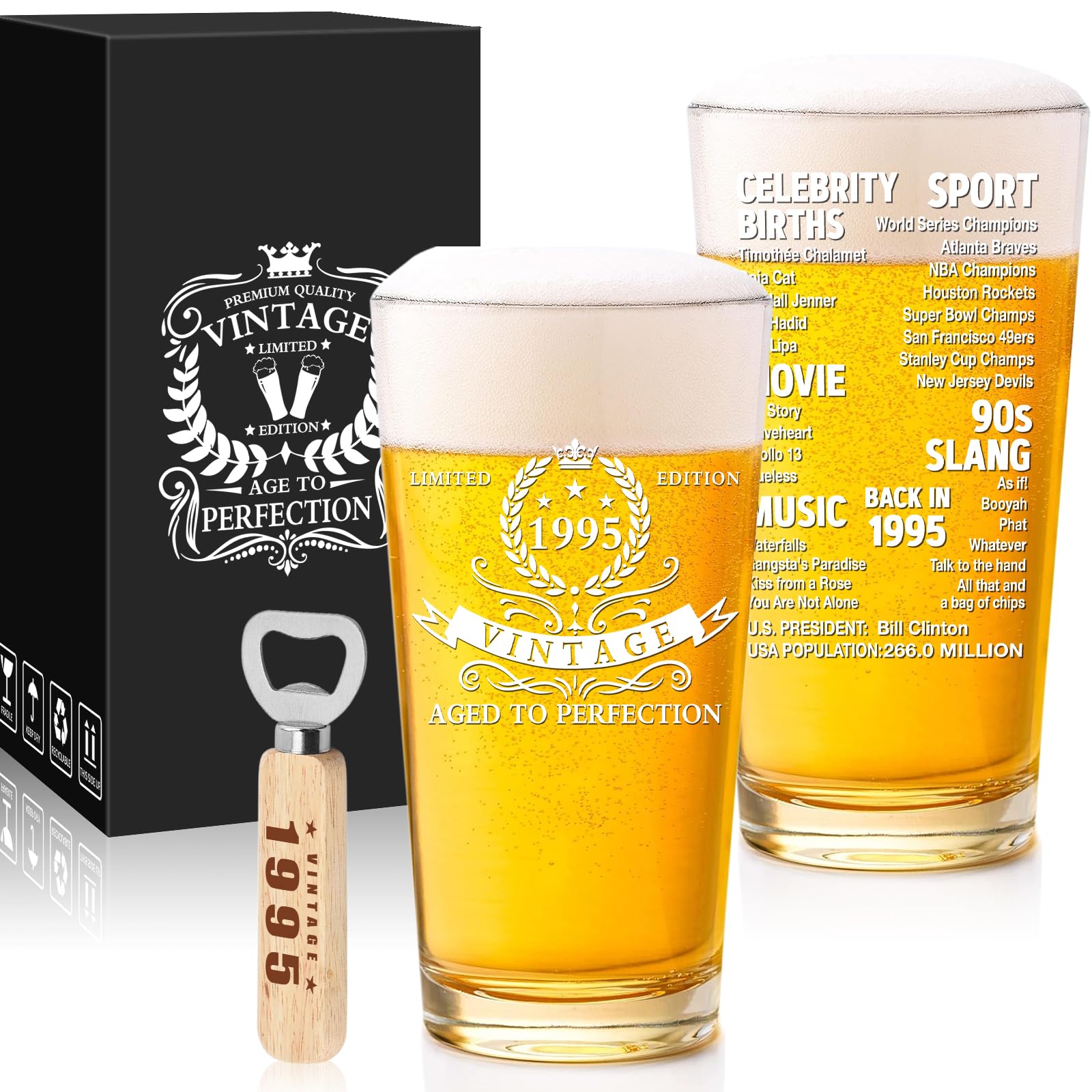 SIPBYSOP 30th Birthday Gifts For Men,Vintage 1995 30th Birthday Beer Glass,16oz With Opener,30th Anniversary For Husband,Beer Birthday Decorations 30,30 Year Old Birthday Gifts For Men Funny