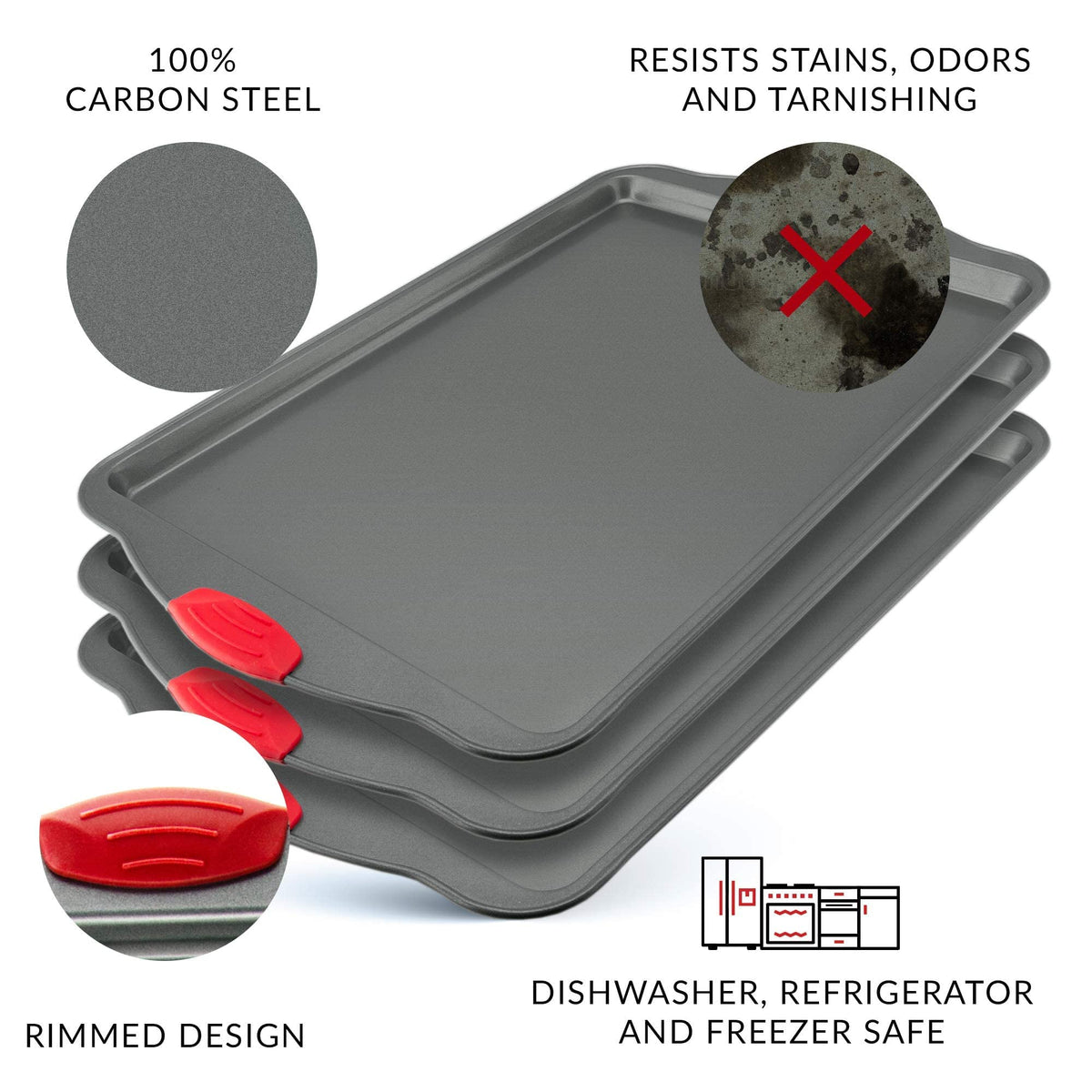 Premium Nonstick Baking Sheet Pans – Set of 3, Heavy-Gauge Carbon Steel, Warp, Dent, and Rust-Resistant – Gourmet Rimmed Half Cookie Sheet Trays, Non-Toxic for Exceptional Baking Performance