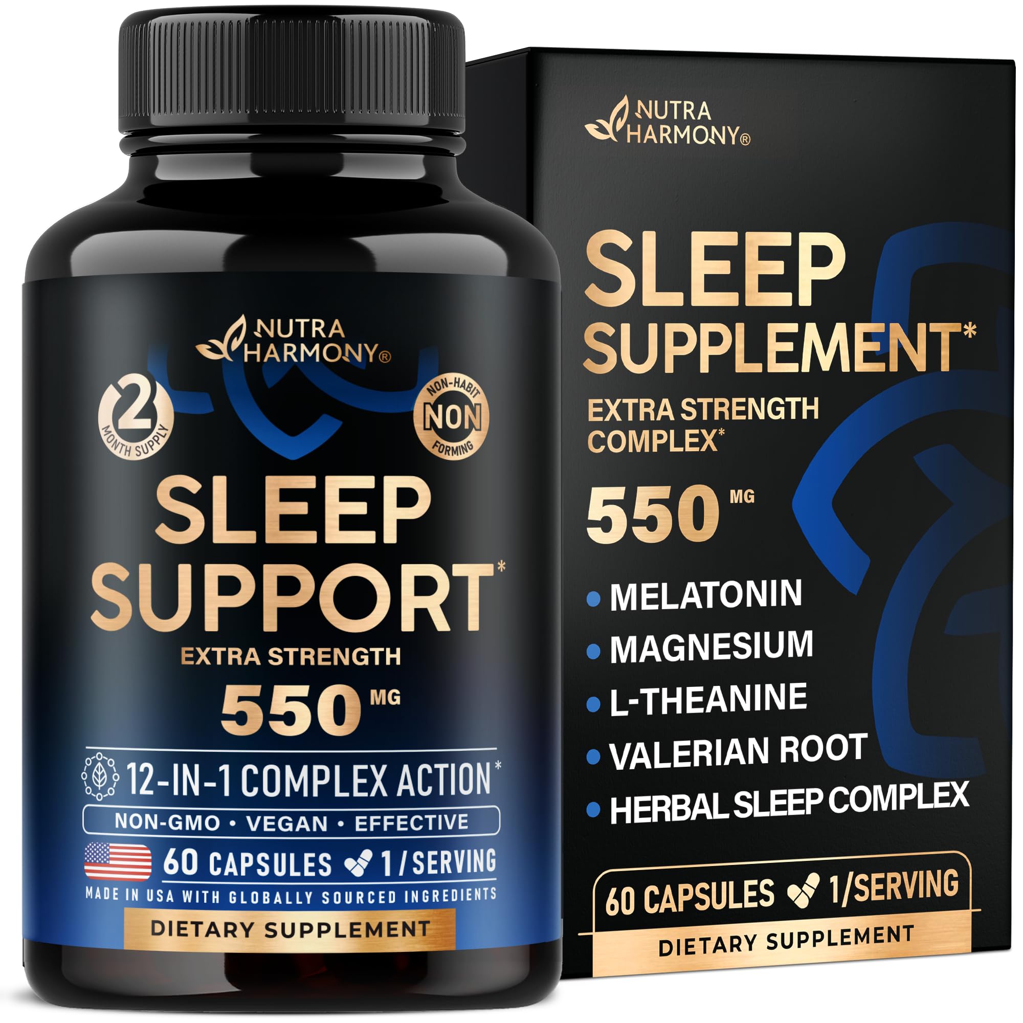 Sleeping Pills for Adults 550mg - Melatonin 3mg | Valerian Root for Sleep | L-Theanine | Magnesium - Natural Sleep Aid Supplement - Non-Habit Forming Rest Support - Made in USA - 1/day, 2 Month Supply