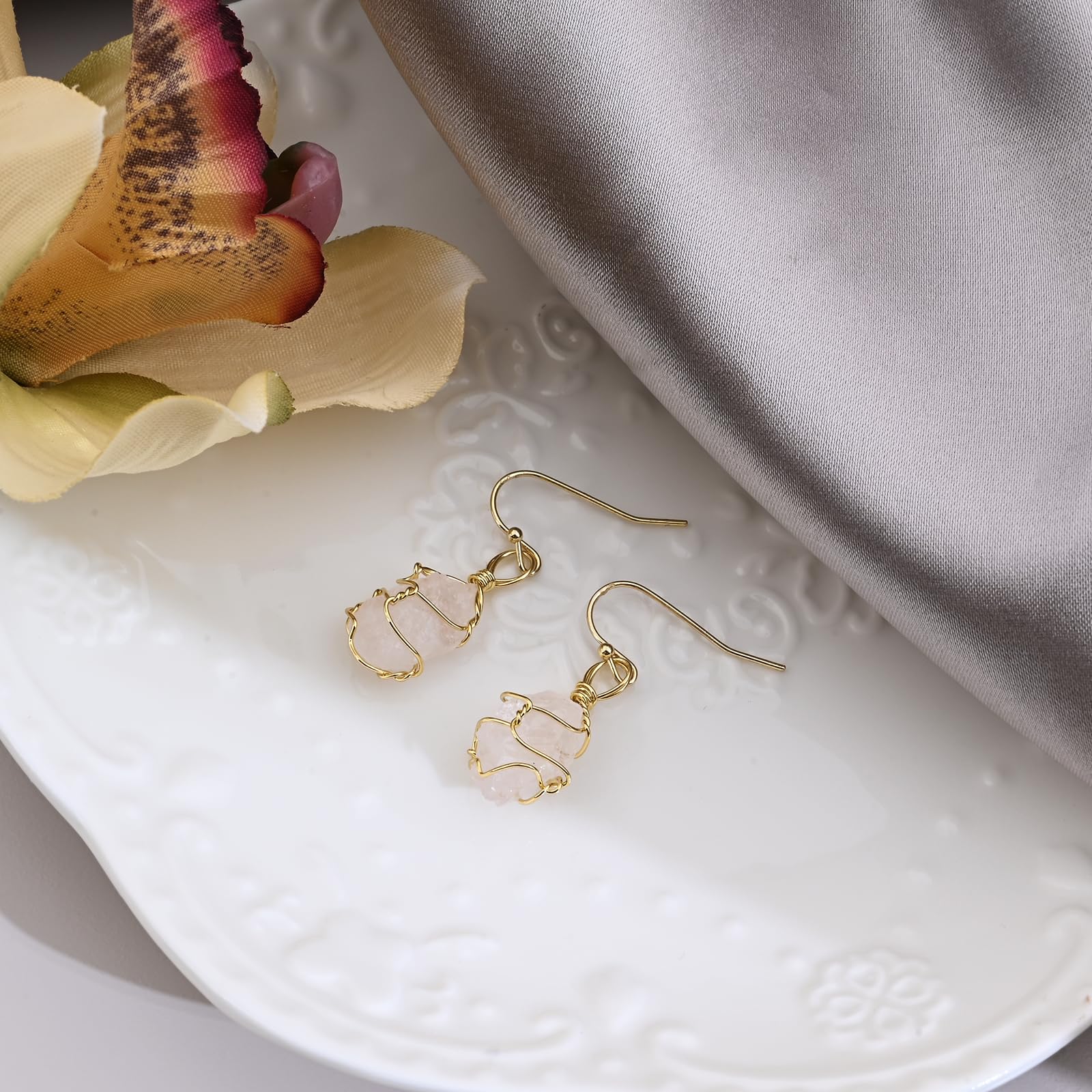 Light Pink Crystal Stone Dangle Earrings for Women Drop Handmade Earrings Rose Quartz Natural Stone Earrings Healing Crystal Earrings