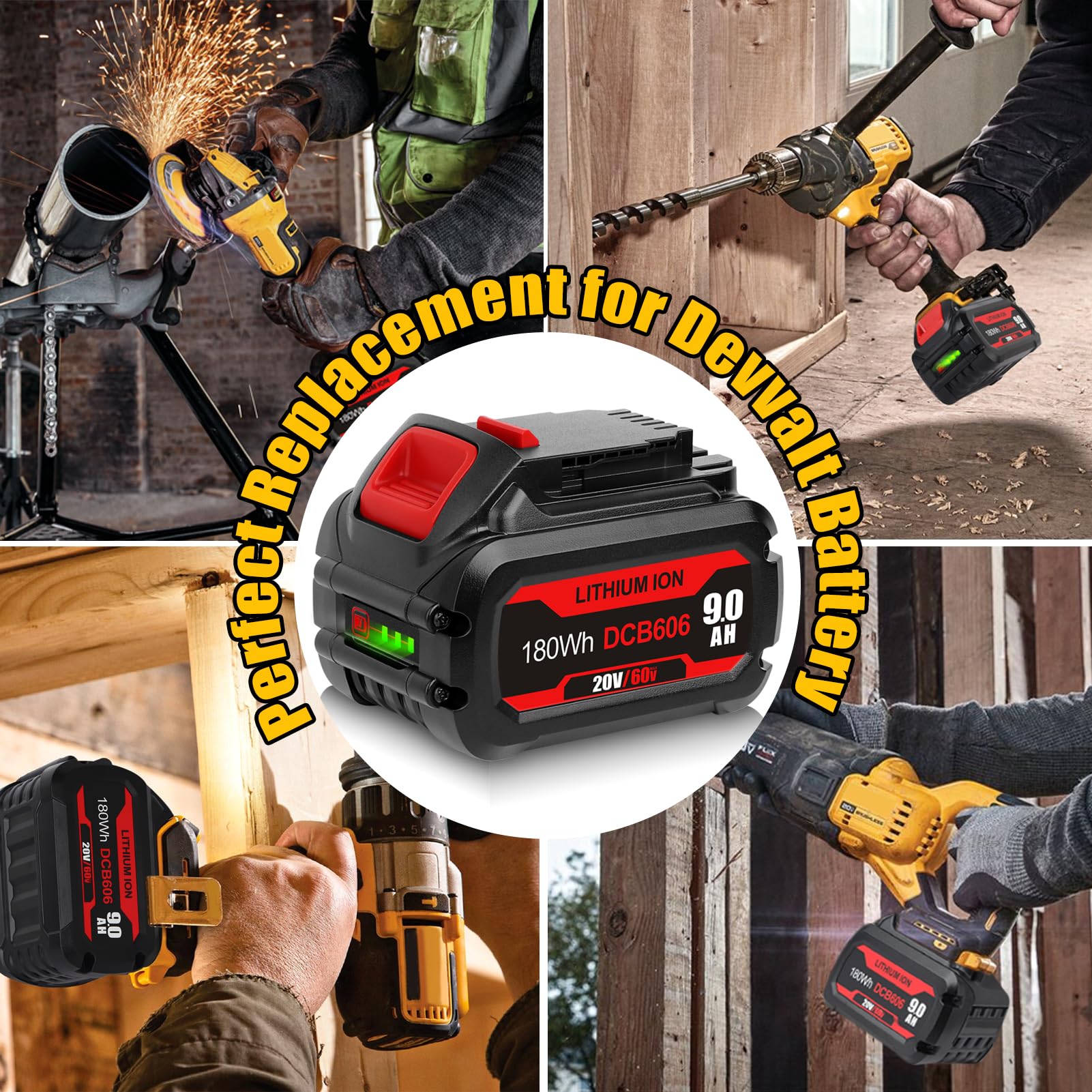DSANKE DCB606 20V/60V 9.0Ah Battery Replace for DeWalt 60V Flexvolt Battery Compatible with DeWalt DCB606 DCB612 DCB606-2 DCB609 DCB609-2 DCB204 DCB205 DCB206 20V/60V/120V MAX Cordless Power Tools