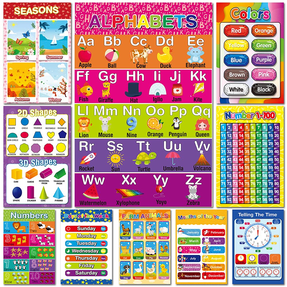 YEEBAY Preschool Educational Posters for Toddlers, Classroom Decorations, Pre-K, Kindergarten, Daycares, Classroom, Homeschool Supplies Materials, 10 Learning Posters for Wall Decor