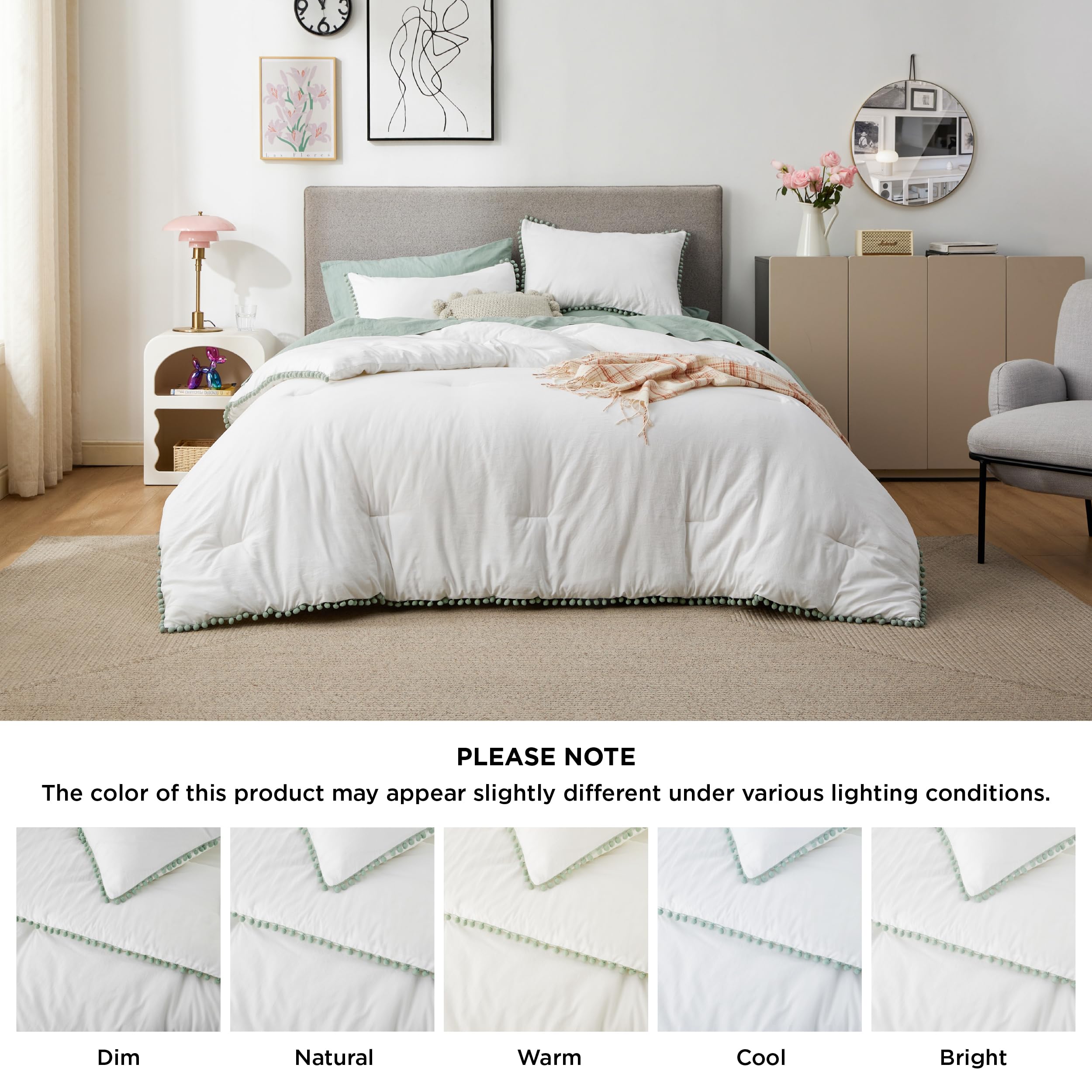 Bedsure White Queen Comforter Set - Pom Pom Comforter, Boho Bedding Comforter Set, 3 Pieces Vintage Shabby Chic Bed Set for All Seasons, Fluffy Soft Bedding Set with 2 Pillow Shams