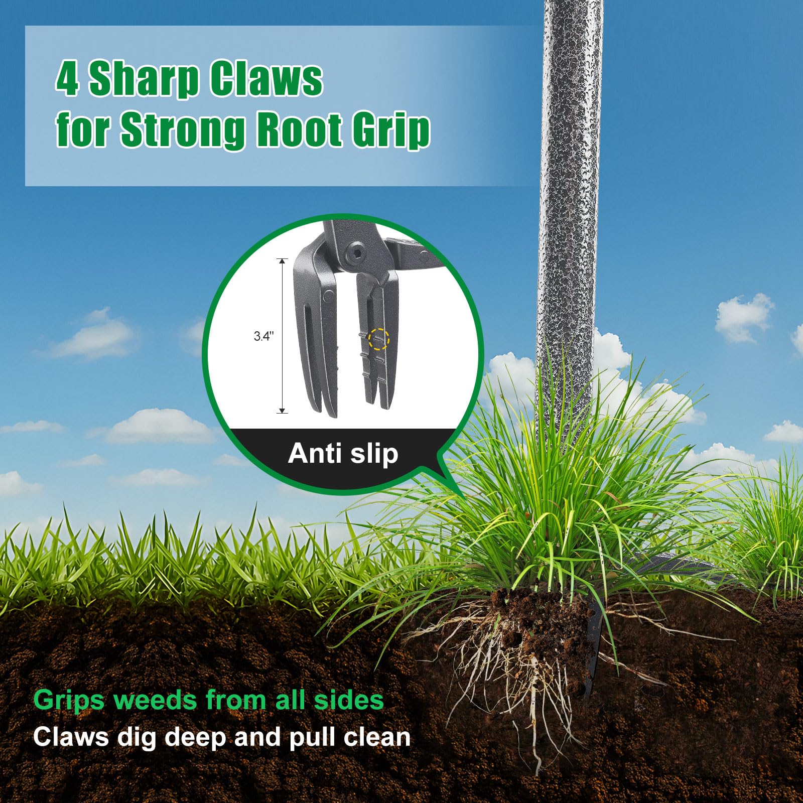 Weed Puller Tool, Stand Up Manual Weeder, Heavy Duty Garden Weeding Tool with 60 inch Long Handle,4 Claw Steel Head, Uprooting Dandelion Removal Gardening Tools for Lawn Grass Grabber