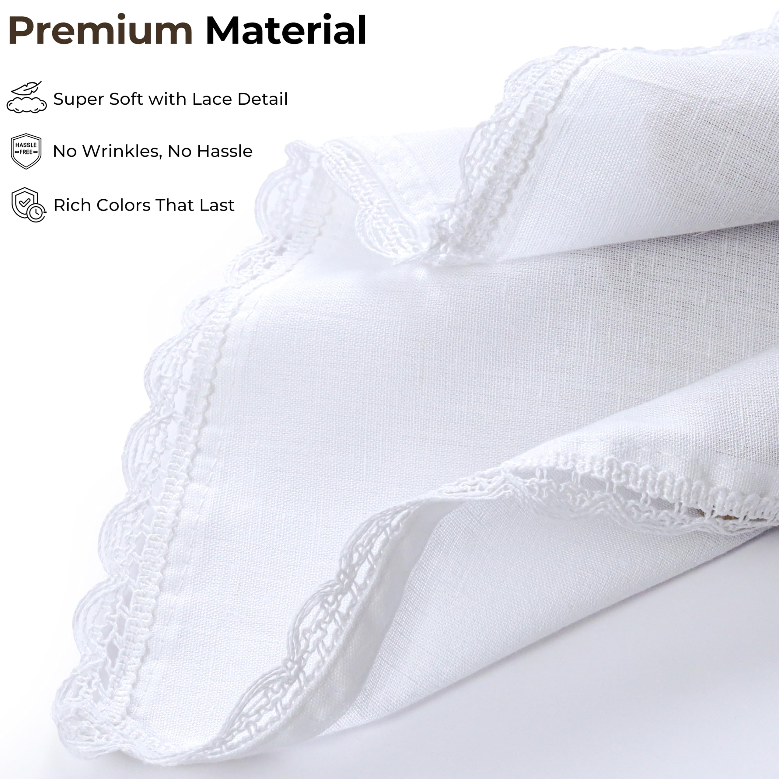 Ramanta Home Cloth Dinner Napkins Set of 12 Cotton Flax Fabric with Lace 20x20 Inch - Washable Fall Colors Table Linen Napkin for Christmas, Thanksgiving, Wedding, Cocktails or Everyday Use - White