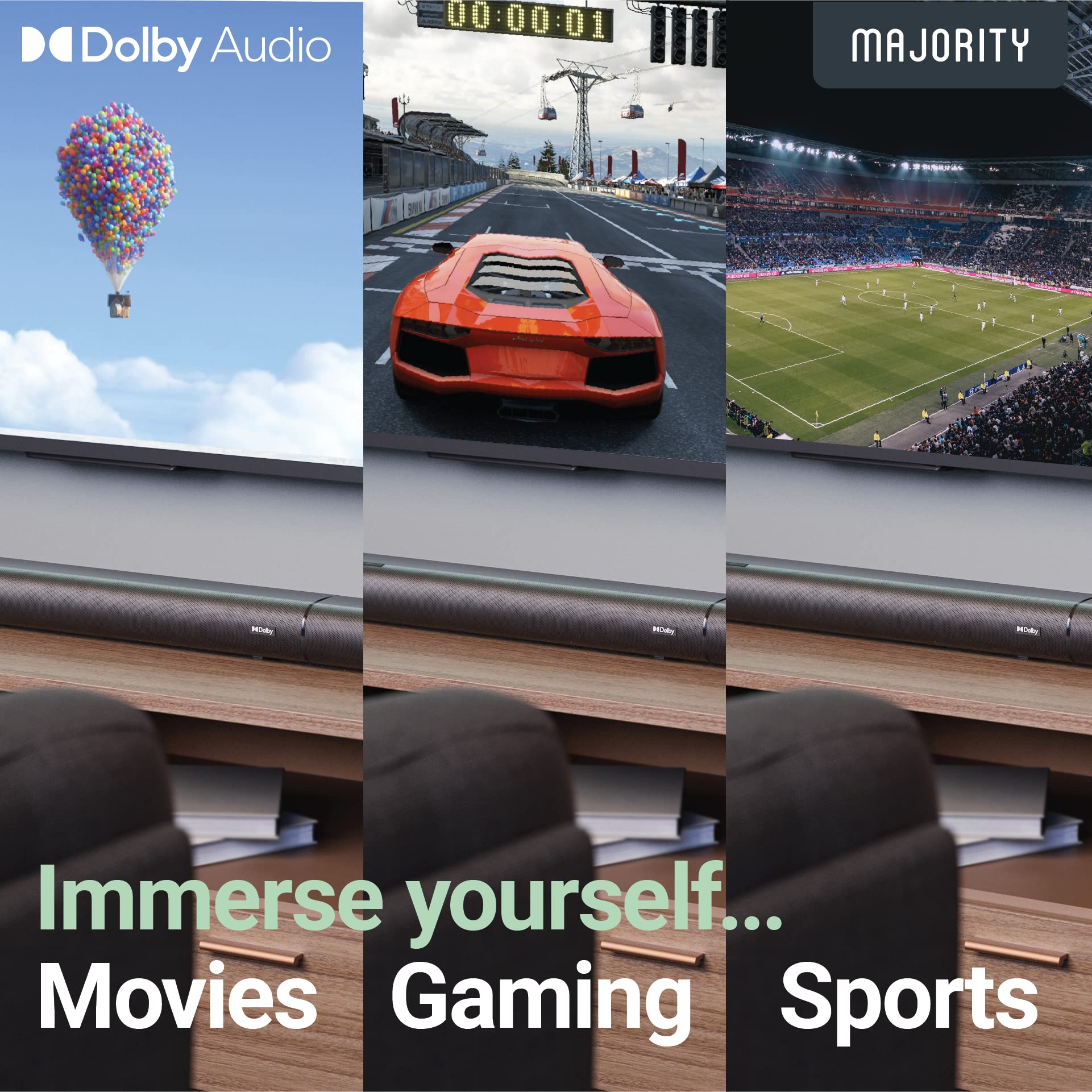 Majority Everest 5.1 Dolby Audio Surround Sound System with Sound Bar | Wireless Subwoofer I 300W, Home Theatre 3D Audio with Detachable Speakers | HDMI ARC, HDMI, Bluetooth