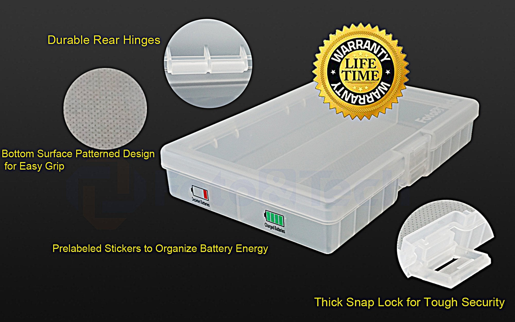 Foto&Tech AA AAA Battery Storage Box, Rechargeable Battery Storage Case Battery Holder Organizer Box Holds 46AA or 64AAA with Hinged Lid Charge Reminder Marking Non-Slip Bottom Sturdy Plastic Clear