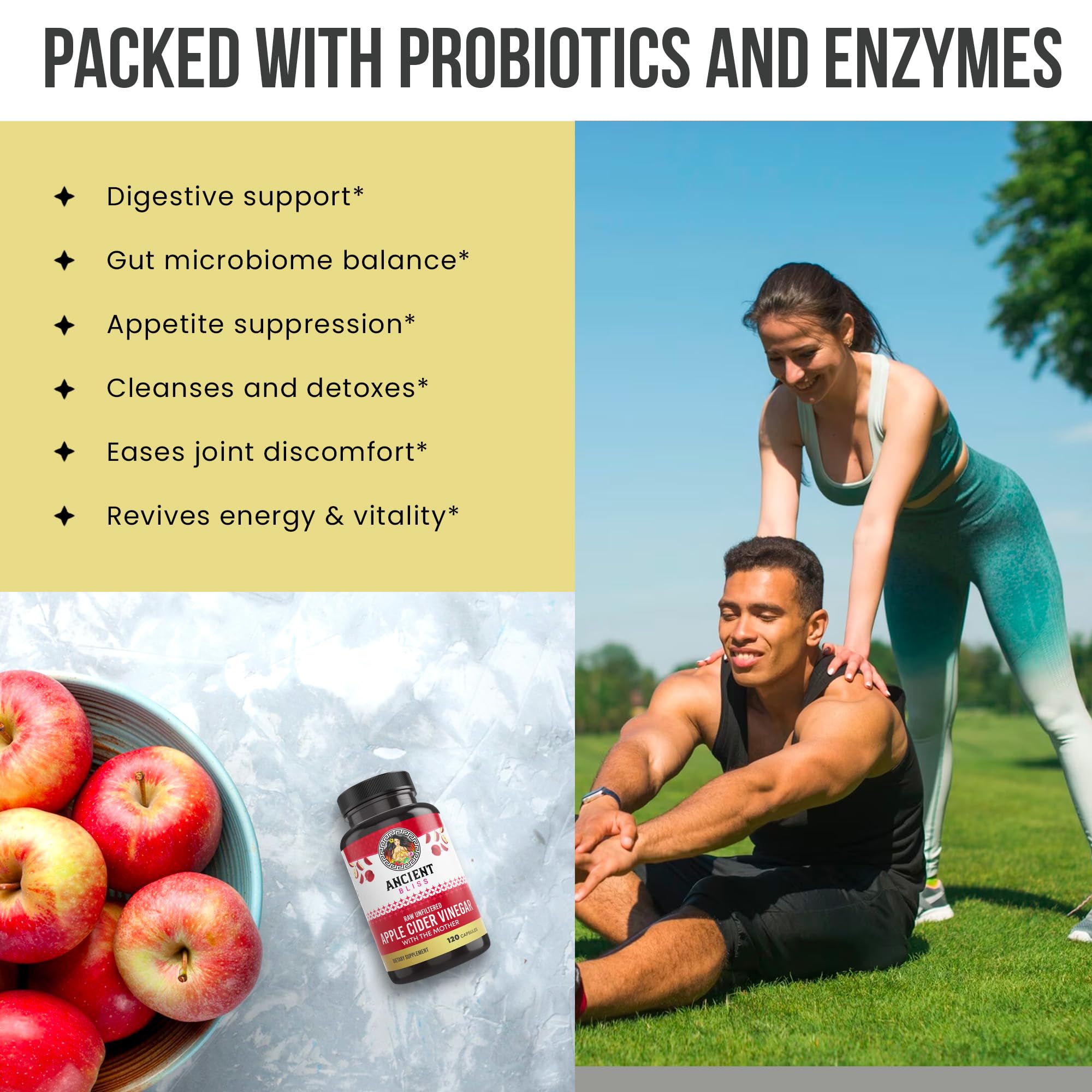 Ancient Bliss Apple Cider Vinegar Organic Capsules with The Mother, Helps Improve Digestion, Unfiltered Vinegar Capsules, 1600MG (120 Capsules)