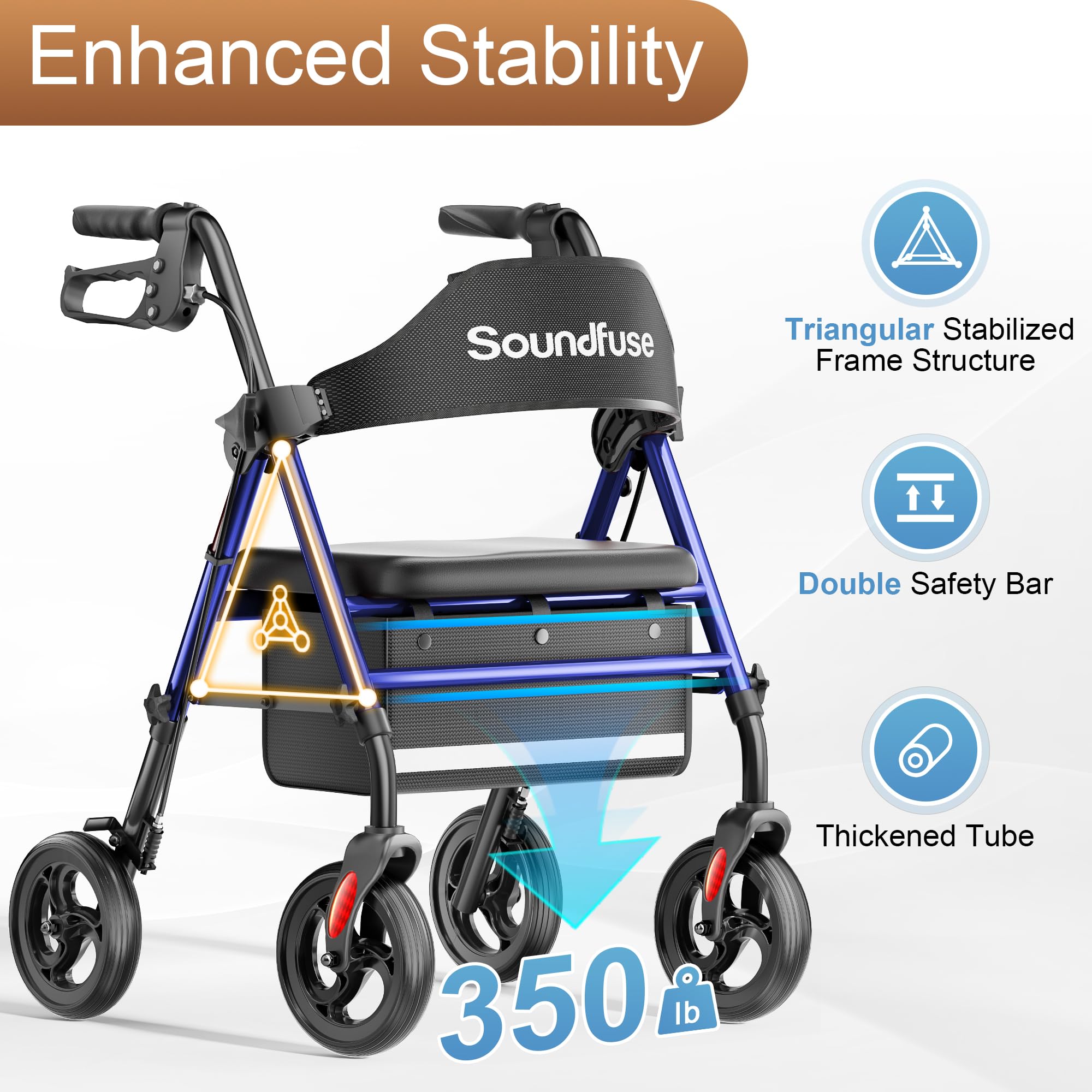 SOUNDFUSE Walkers for Seniors with seat, Foldable Rollator Walker with Double Support Bar, 16" Extra Wide Ergonomic Arc Seat, 8" All Terrain Wheels, 350lb, Dual Height Adjustable, and Storage Bag