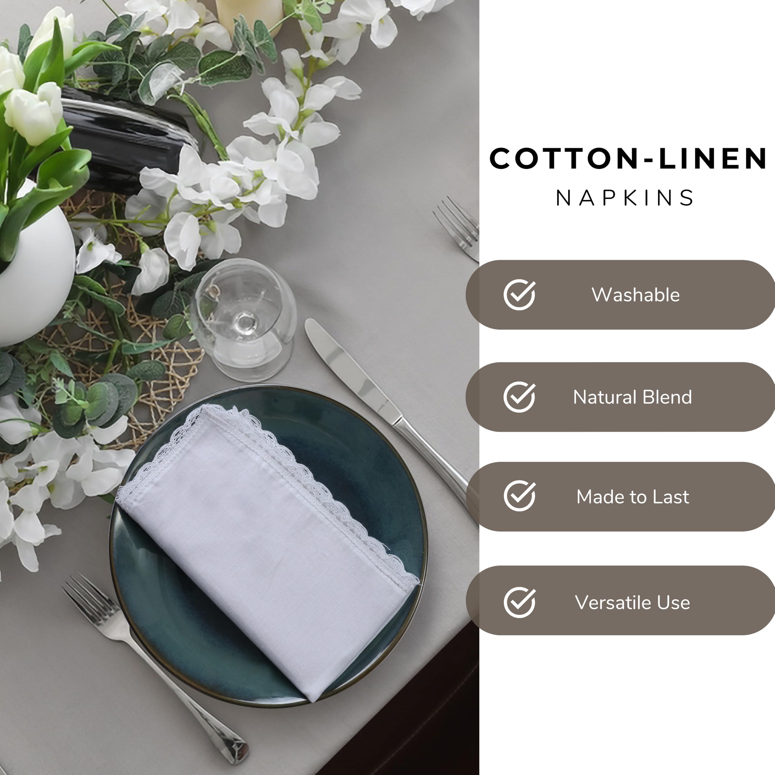 Ramanta Home Cloth Dinner Napkins Set of 12 Cotton Flax Fabric with Lace 20x20 Inch - Washable Fall Colors Table Linen Napkin for Christmas, Thanksgiving, Wedding, Cocktails or Everyday Use - White