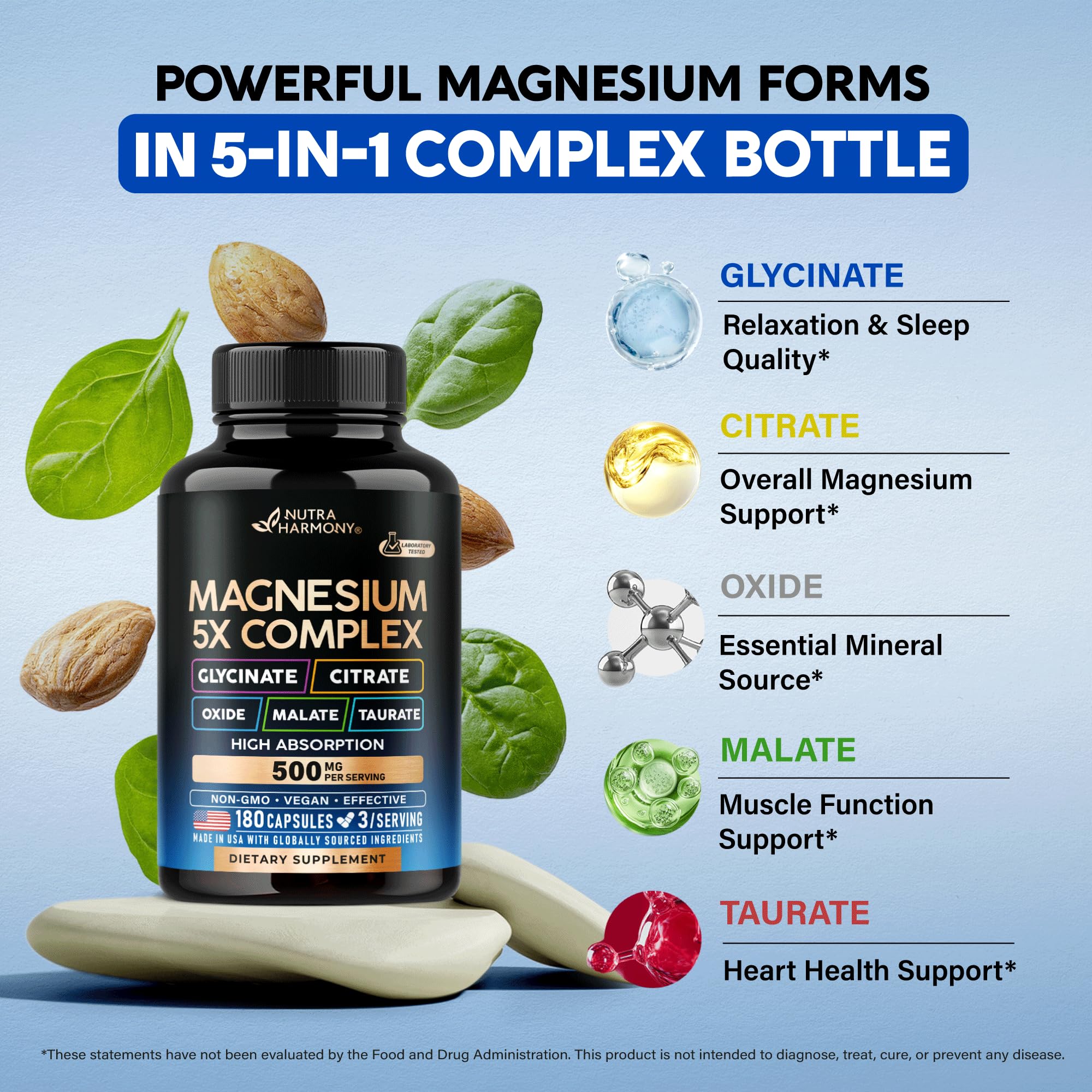 Magnesium Supplement - 5 in 1 Complex | Glycinate | Citrate | Malate | Taurate | Oxide - Made in USA - Stress, Muscle & Heart Support - Vegan, Natural, Non-GMO - 180 Capsules, 2 Month Supply