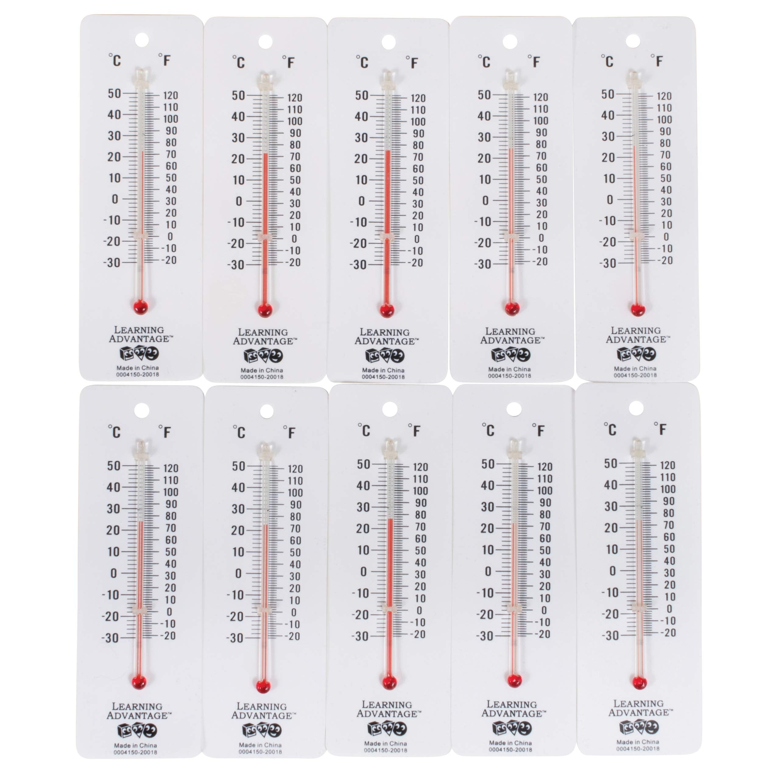 LEARNING ADVANTAGE Student Thermometers - Set of 10 - Dual-Scale - Mercury-Free - Easy To Read, Thermometers for Indoor Science and Classroom Use