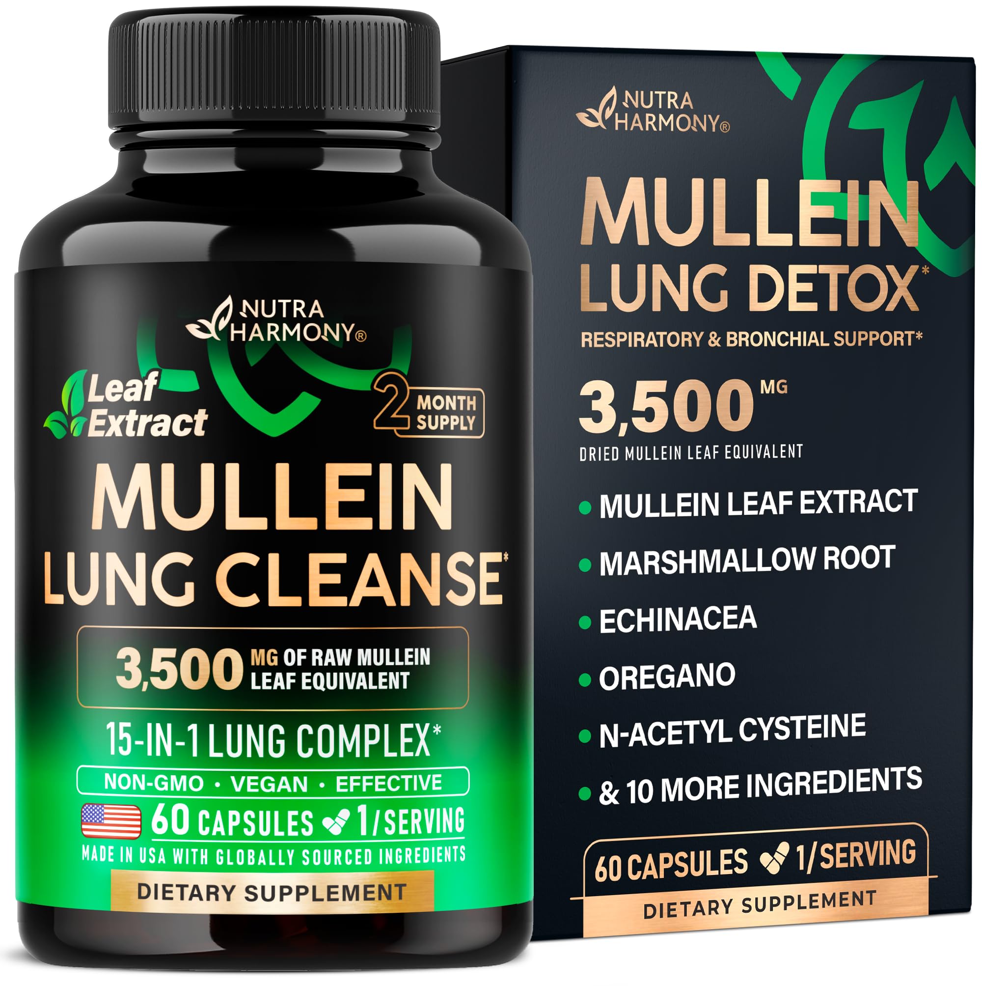 Mullein Leaf Extract for Lung Detox - Marshmallow Root | Echinacea | Oregano | Quercetin | NAC - 15-in-1 Lung Support & Cleanse for Smokers Supplement - Made in USA - As Drops, Tincture - 60 Capsules