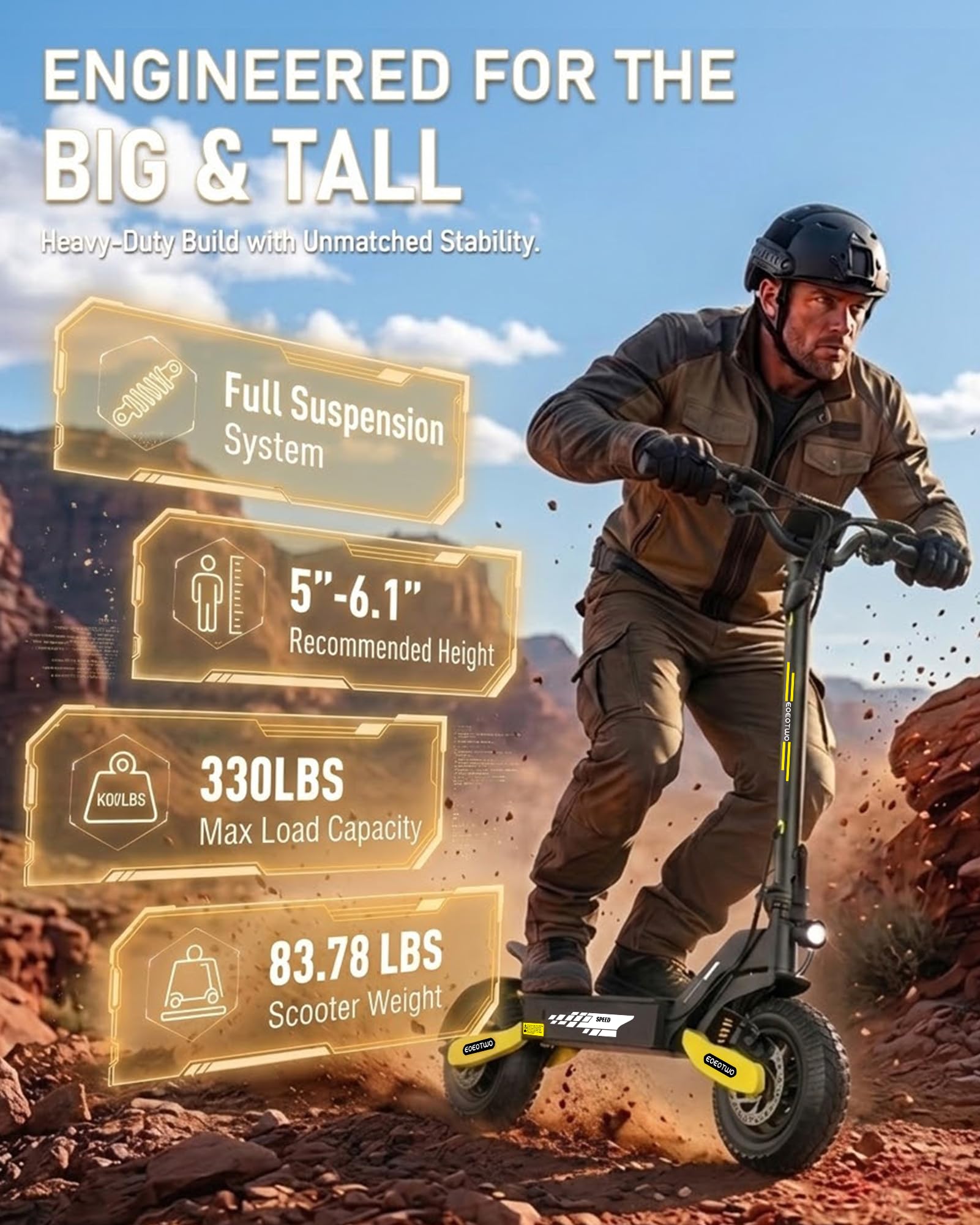 EOEOTWO Electric Scooter for Adults, 1200W Motor Fast E-Scooter, 11" Off-Road Tires, Up to 30 MPH Top Speed & 20/43 Miles Long Range Heavy Duty Electric Scooter, Foldable (48V 13Ah, Yellow) 