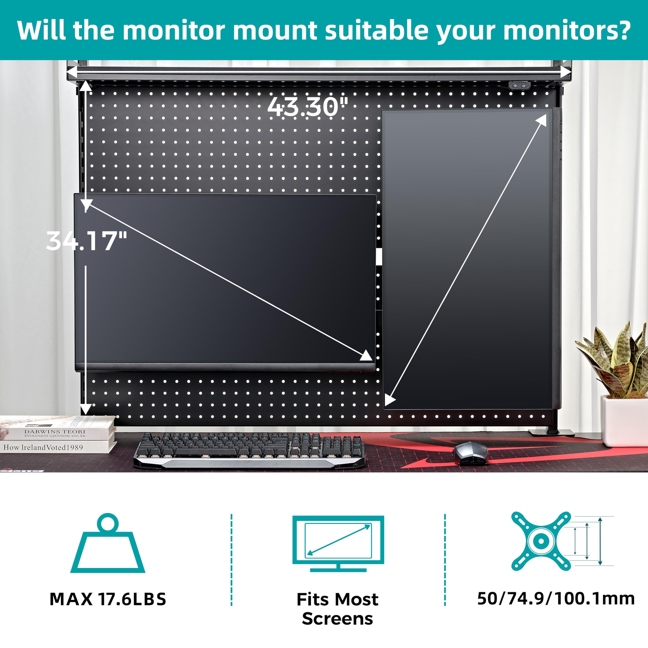 EUREKA ERGONOMIC Pegboard with Dual Monitor Stand,Steel Pegboard for Desk,Computer Accessories for Office, Privacy Panel for Gaming Desk, 4 Accessories Modular Hanging,43 x 34inch, Black