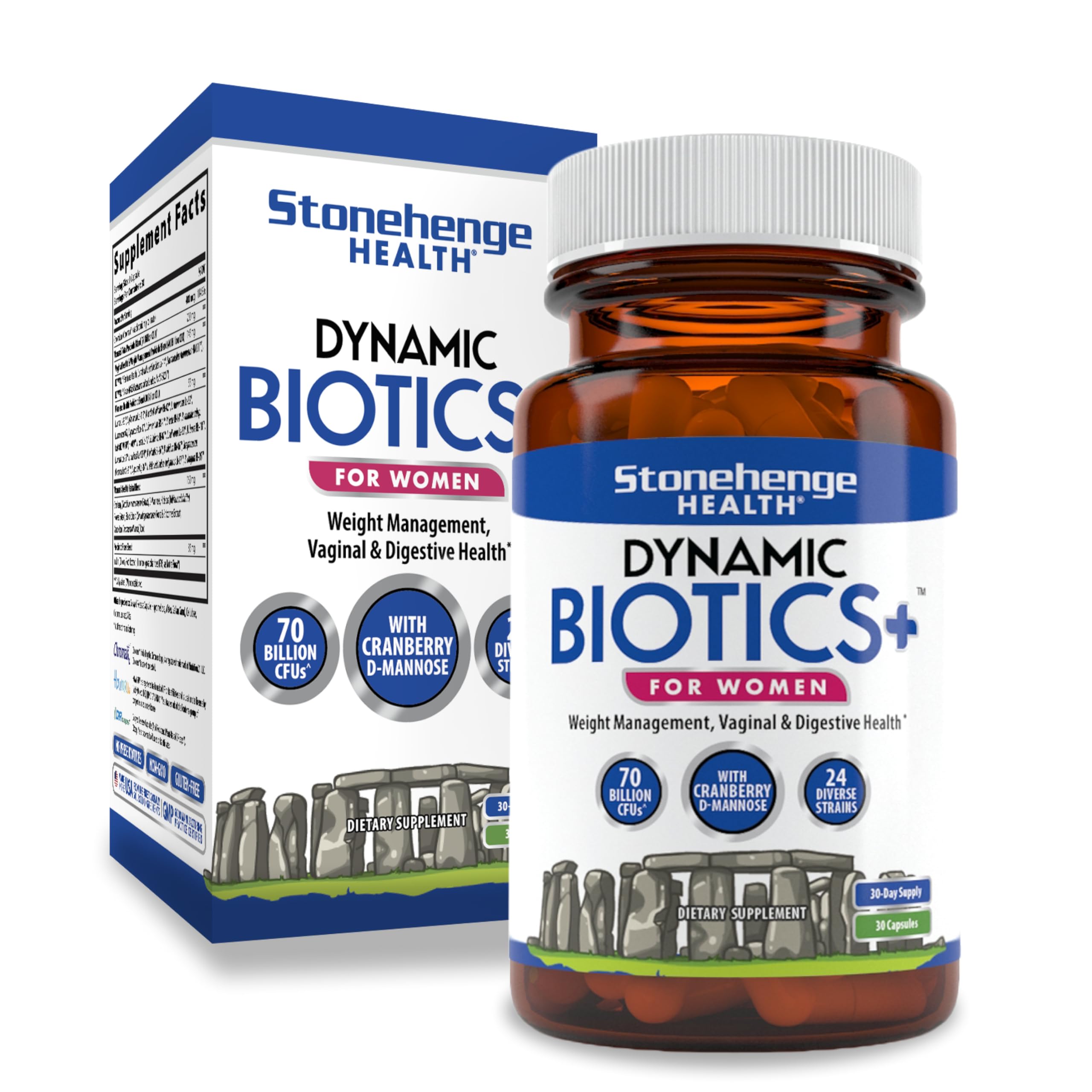 Stonehenge Health Probiotics 70 Billion CFU + 24 Strains, Prebiotic, Dynamic Biotics+ for Women, New Formula for Weight Management, Digestive & Vaginal Support, Delayed Release Shelf Stable Non-GMO
