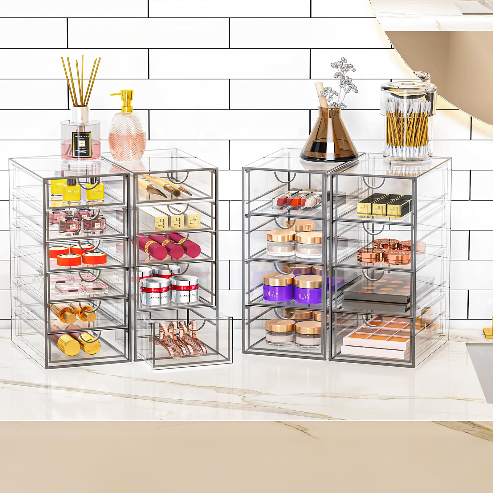 YFXCVSL Acrylic Makeup Organizer with 19 Drawers, 4 Pack Clear Storage Drawers, Bathroom Makeup Organizer for Palettes, Cosmetic, and Beauty Supplies,Ideal for Vanity, Cabinet,Desk Organization