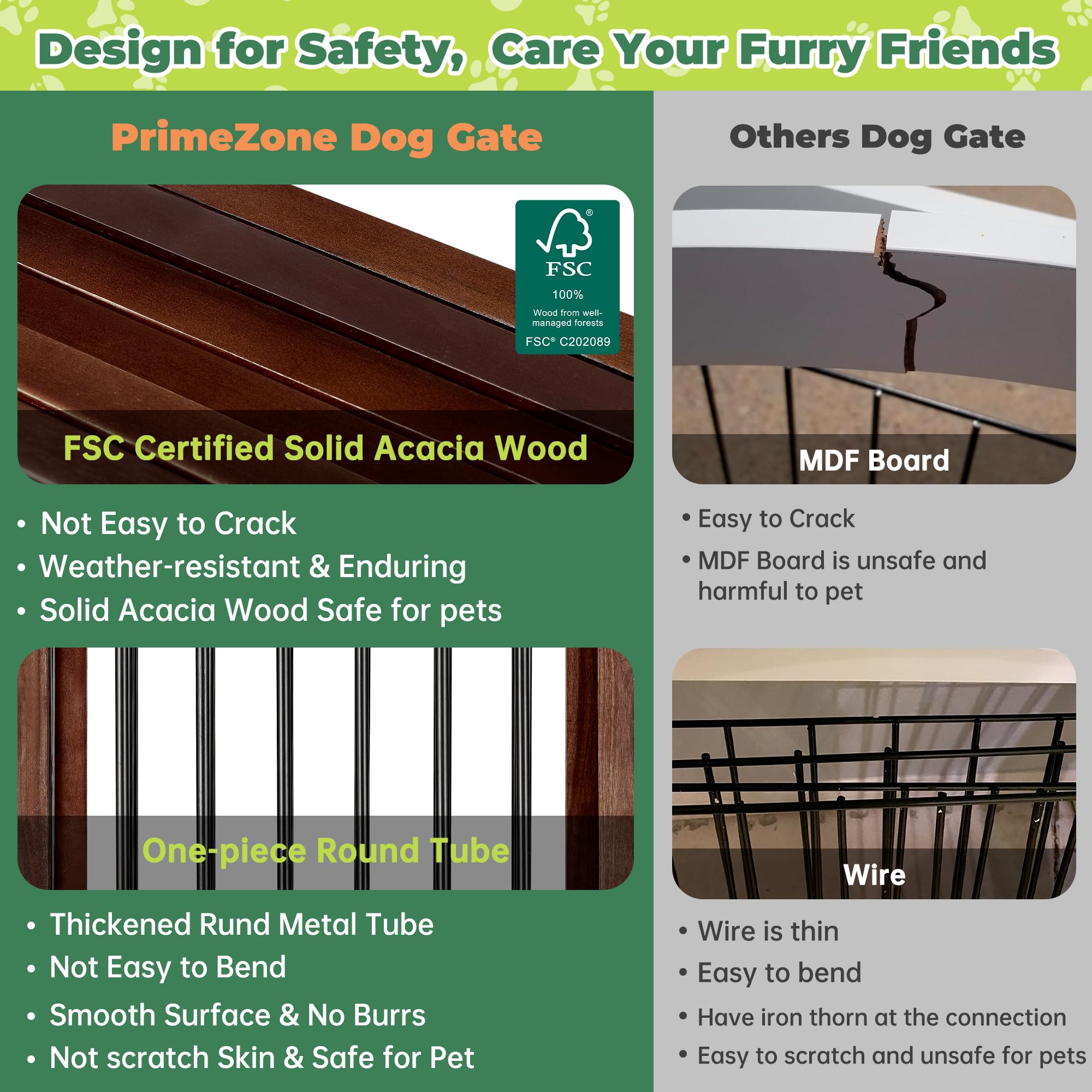 PrimeZone 120" Extra Wide Dog Gate - 6-Panel 30" Tall Solid Acacia Wooden Freestanding Puppy Gates with Door, Foldable Indoor Pet Fence for Doorways, Stairs, Support Feet Included, Brown