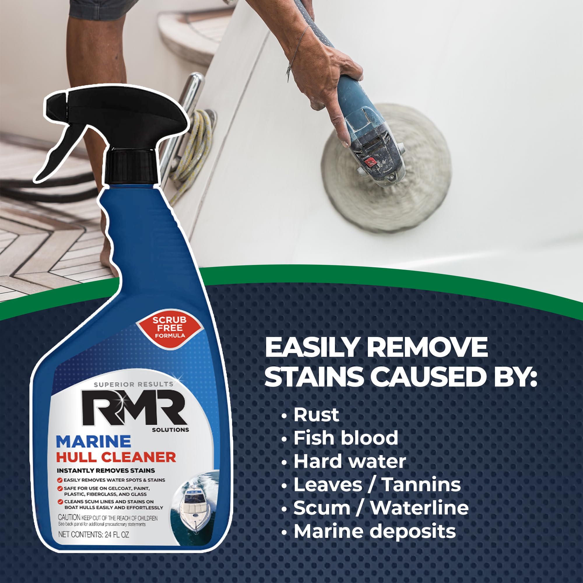 RMR Marine Hull Cleaner, Heavy Duty Boat Wash for Cleaning Slimy & Grimy Surfaces, Rust, Stain, & Water Spot Remover, 24 Ounce Spray
