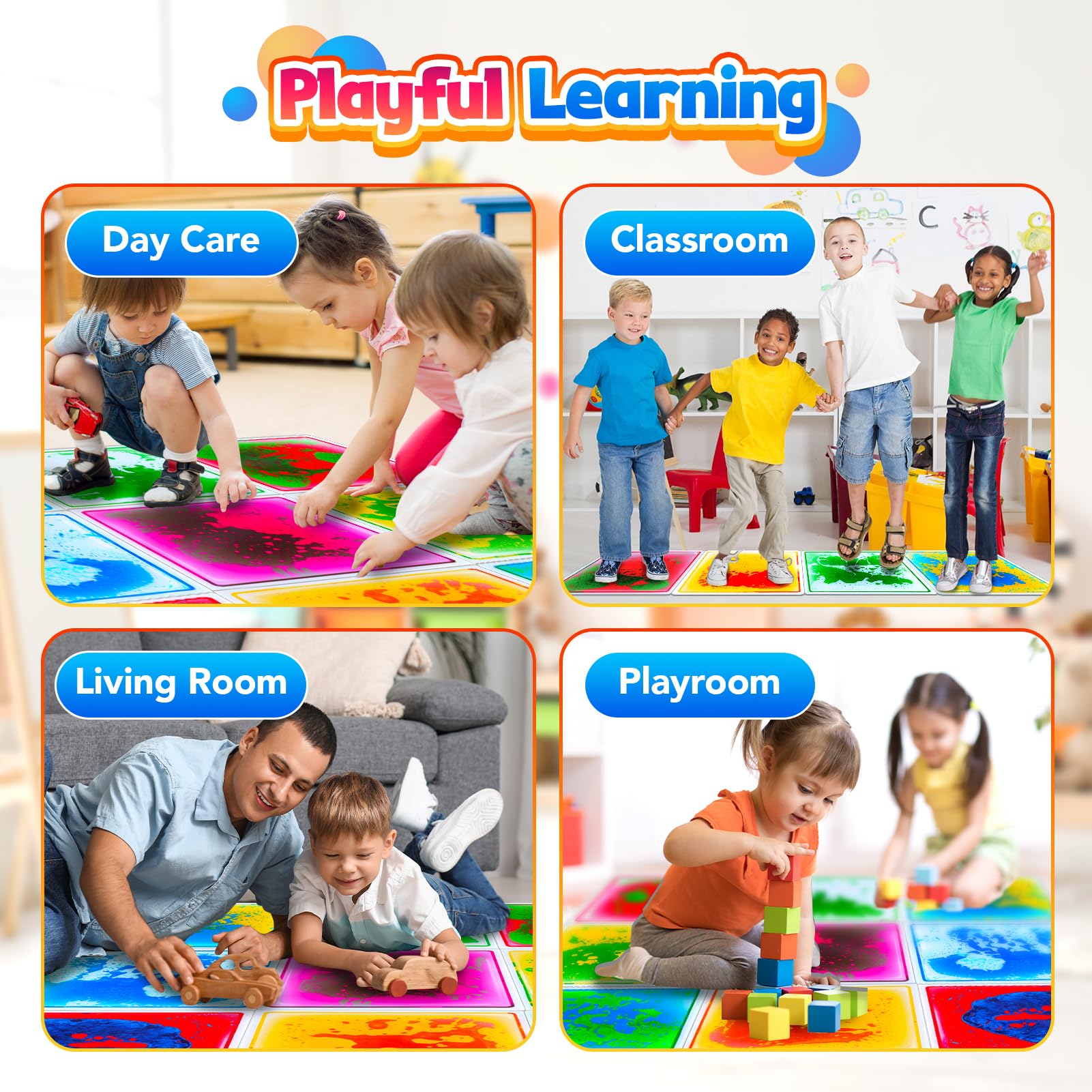 Sensory Floor Tiles: Liquid Play Mats Sensory Pads for Kids Toddlers, 9PCS Autism Sensory Toys, 12"x12" Lava Tiles for Dancing Learning, Special Education Classroom Must Haves, Gross Motor Development