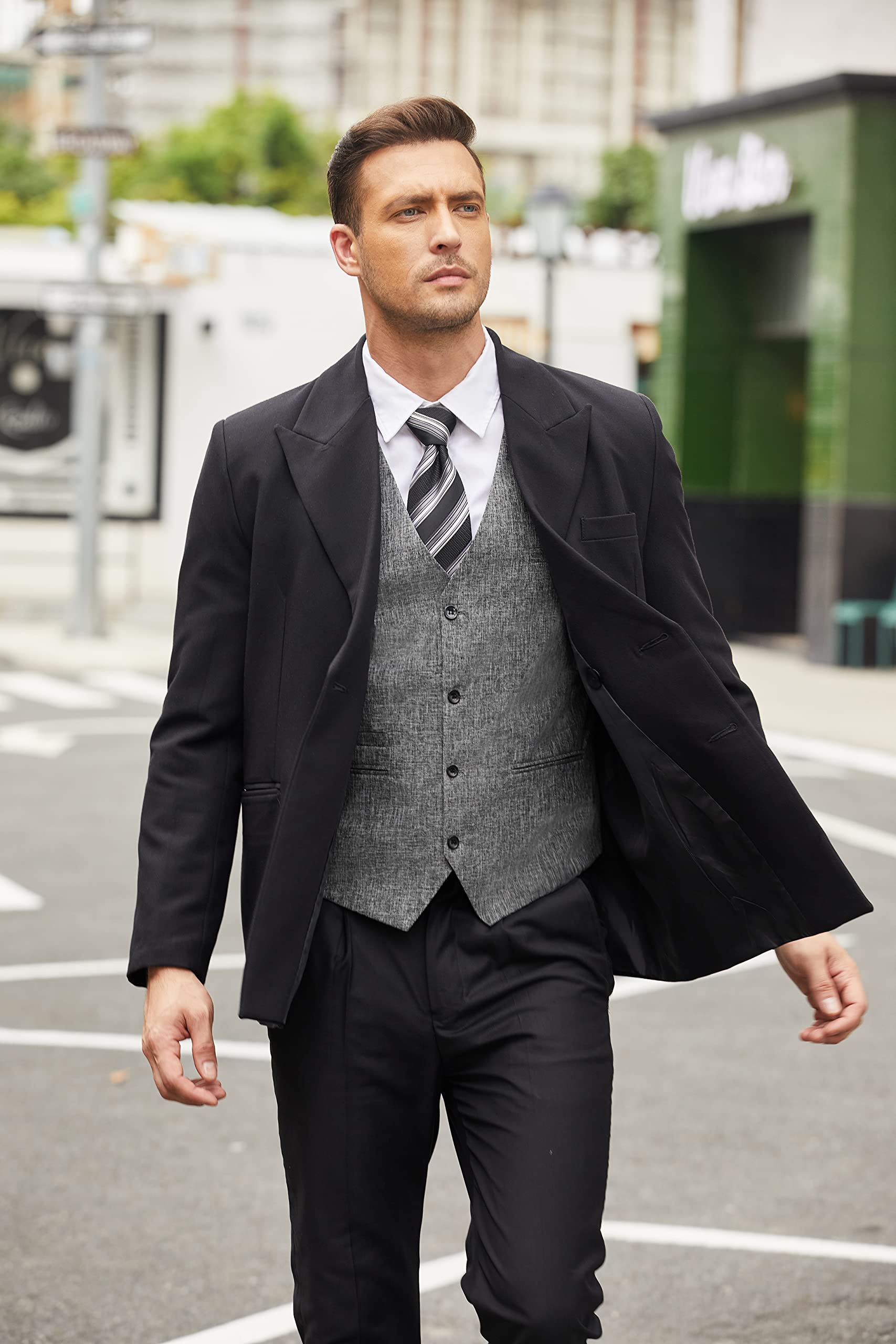 COOFANDY Men's Herringbone Tailored Waistcoat Single Breasted Classic Dress Vest Grey Large