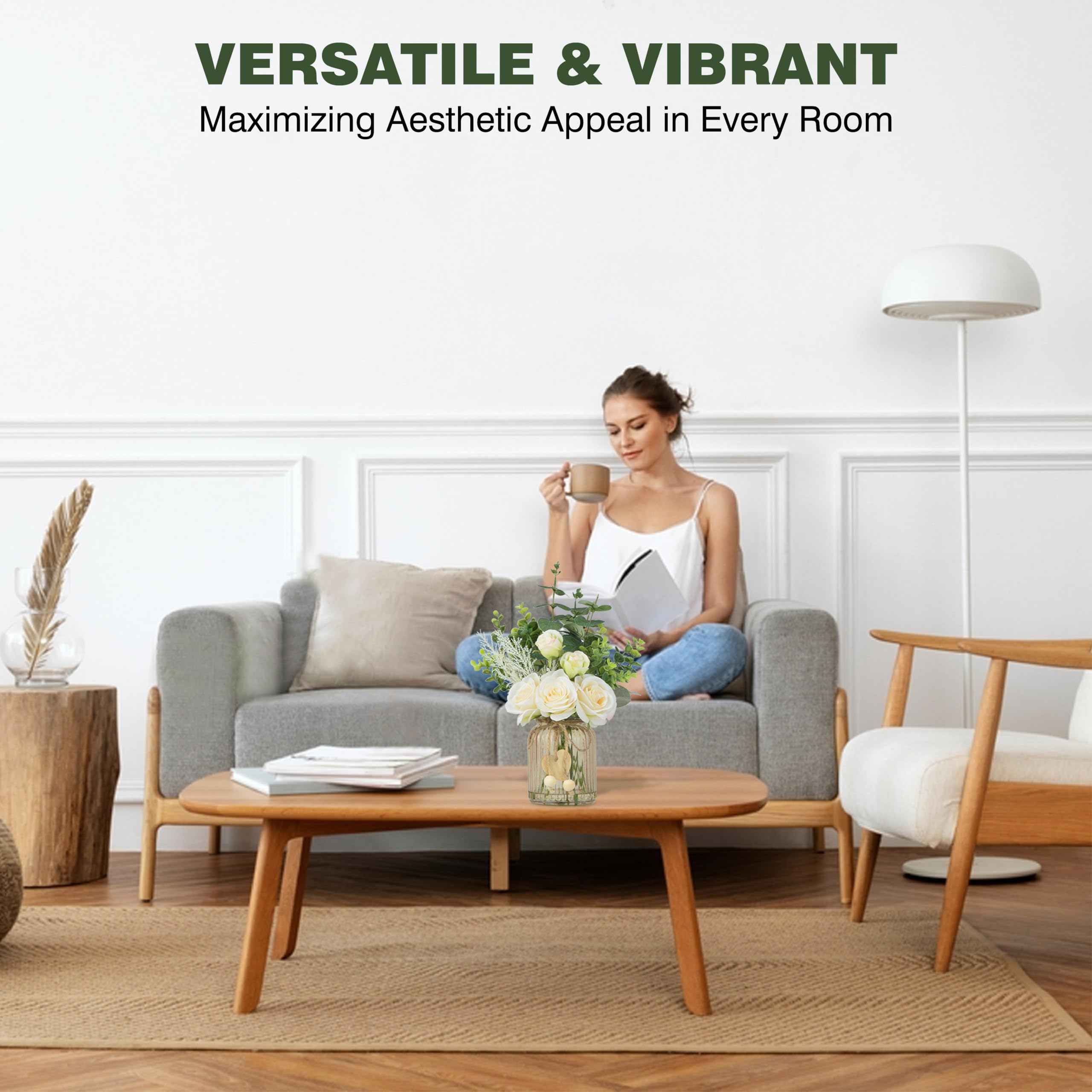 TOPSV Fake Flowers with Vase, Silk Roses Artificial Eucalyptus in Glass Vase for Farmhouse Bathroom Kitchen Table Decor, Silk Flower Arrangements for Bedroom, Dining Room, Living Room Decor