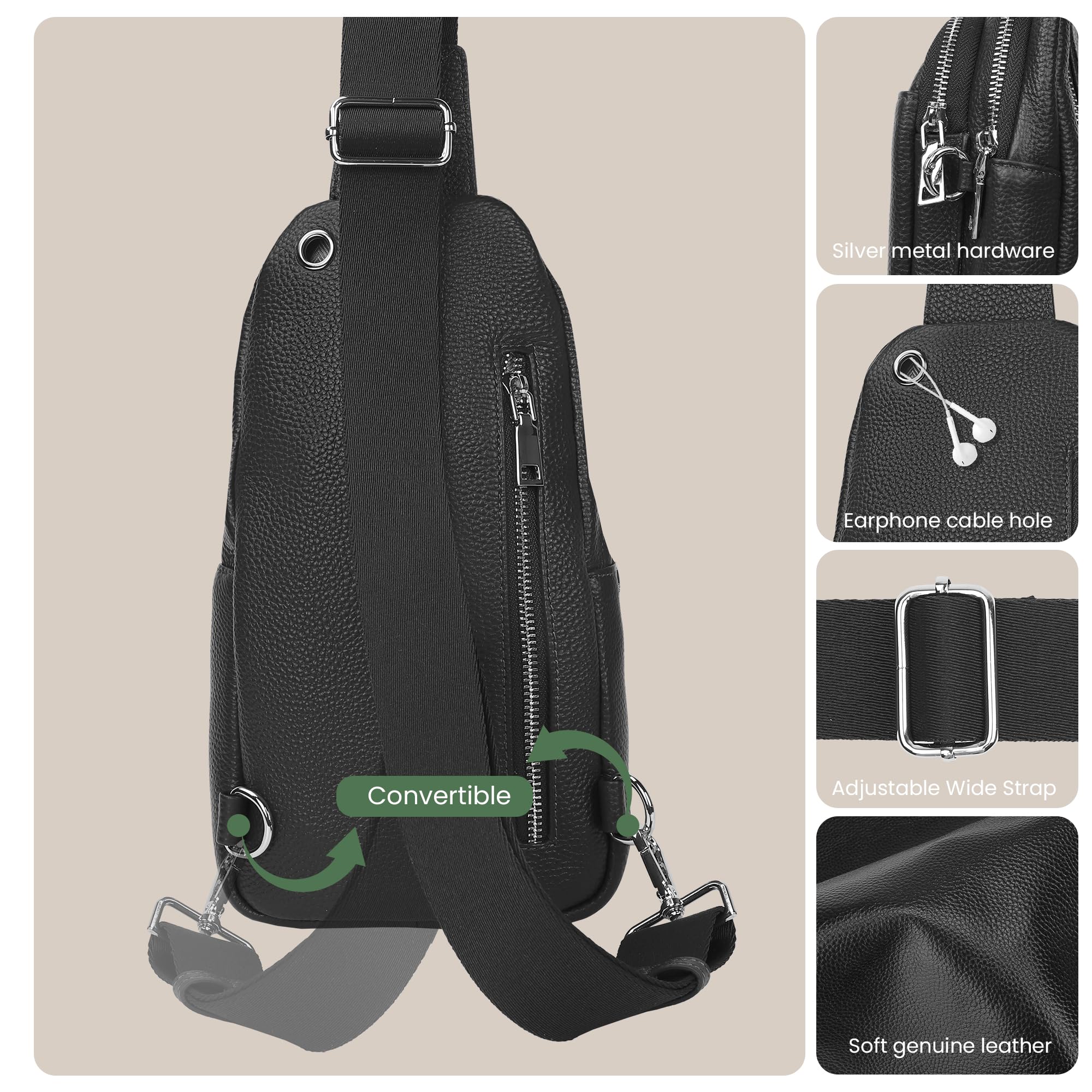 befen Black Genuine Leather Small Sling Bag for Women Anti-Theft Crossbody Bags Fanny Packs Chest Bag for Travel with RFID Blocking Card Slots