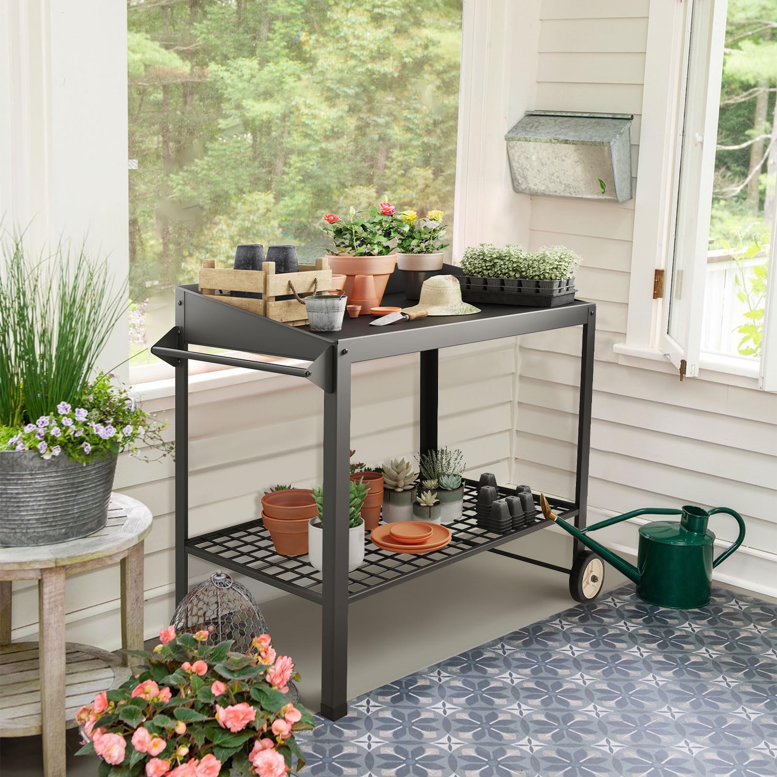 FOYUEE Metal Potting Bench with Wheels Planting Table for Outdoor Gardening Work Benches for Outside Potters Station Weatherproof