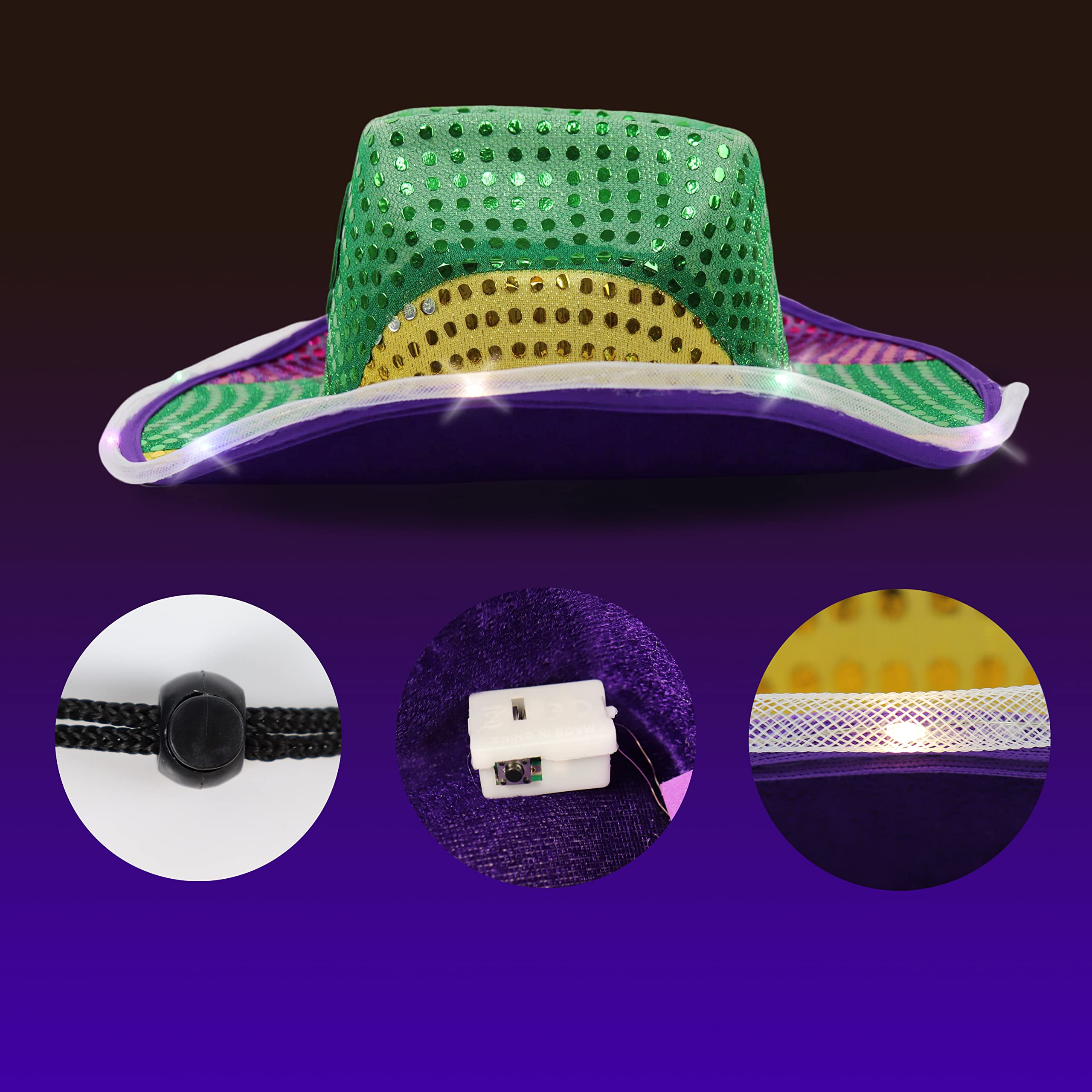 GiftExpress Adult LED Light-Up Sequin Cowboy Hat, Mardi Gras Costume Accessory, Shiny Purple, Green and Gold Colors