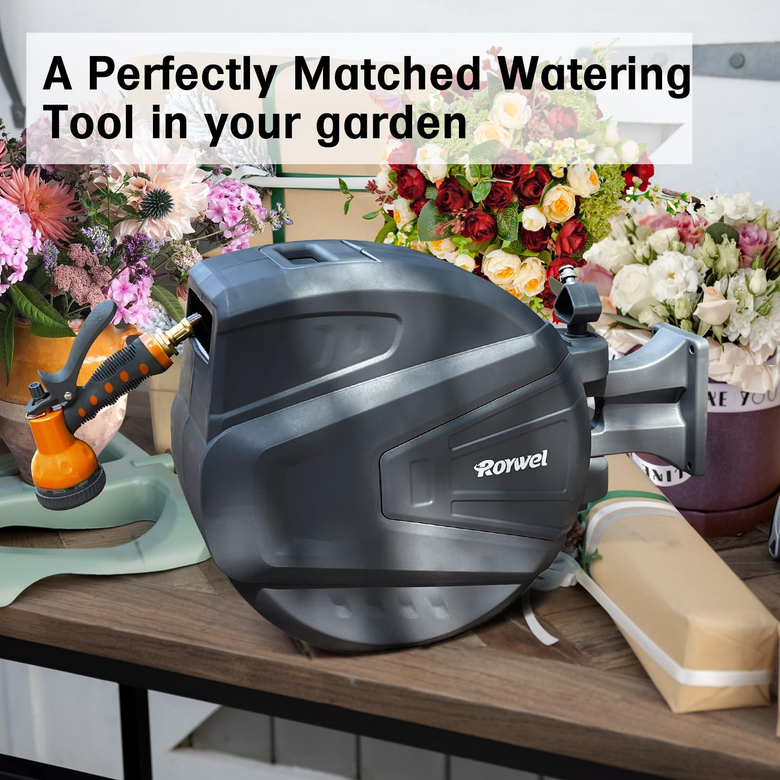 Roywel Retractable Hose Reel 1/2" X 100ft Garden Hose Reel,Auto Rewind/Self-Locking System/Wall Mounted/180°Pivot Bracket With 9- Function Sprayer Nozzle For Garden Lawn Garage watering