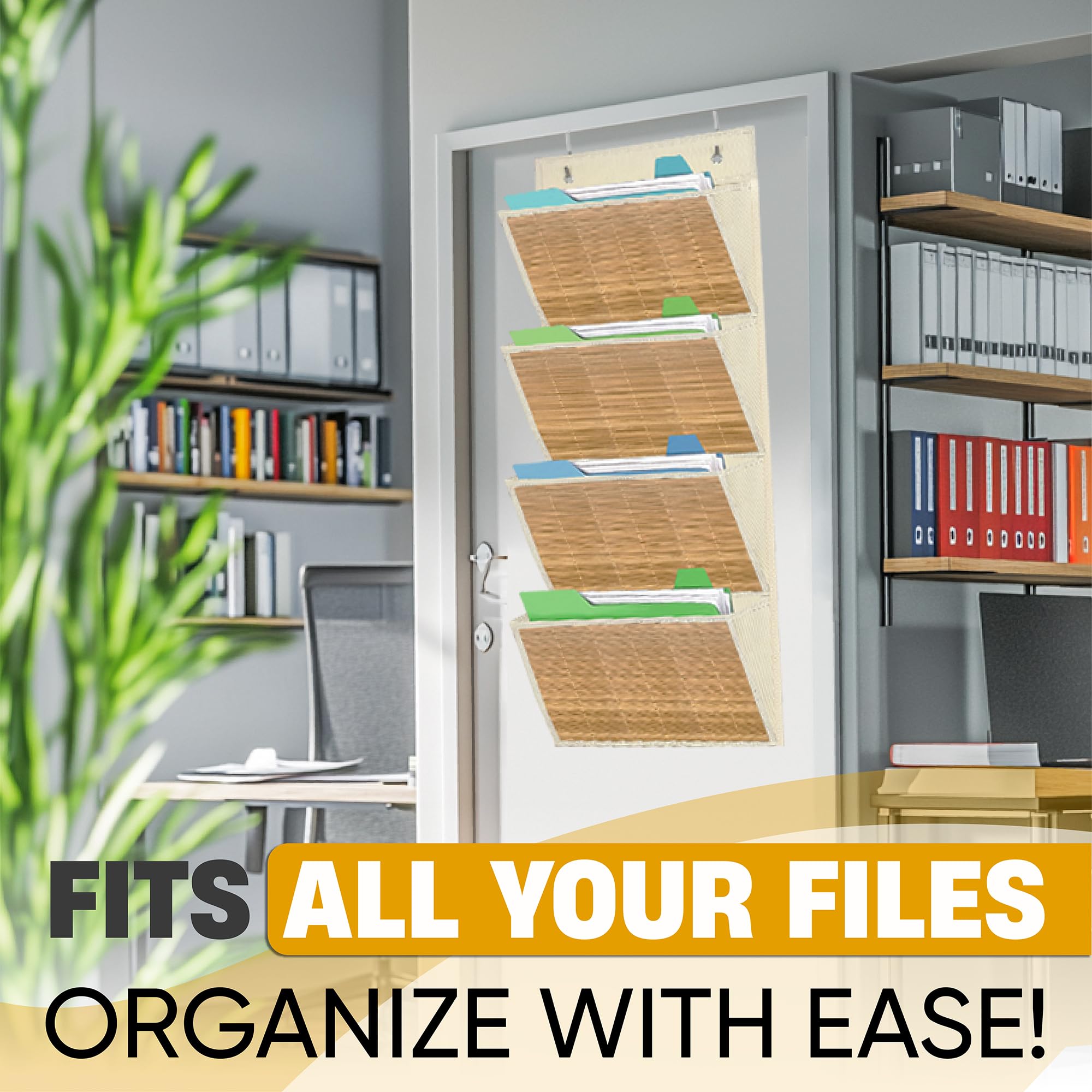 Luxury Over the Door File Organizer with Bamboo Cover – 4 Spacious Pockets for Hanging File Organizer, Premium Hanging Wall File Organizer Folder with Hooks, Ideal for Home Office, Classroom